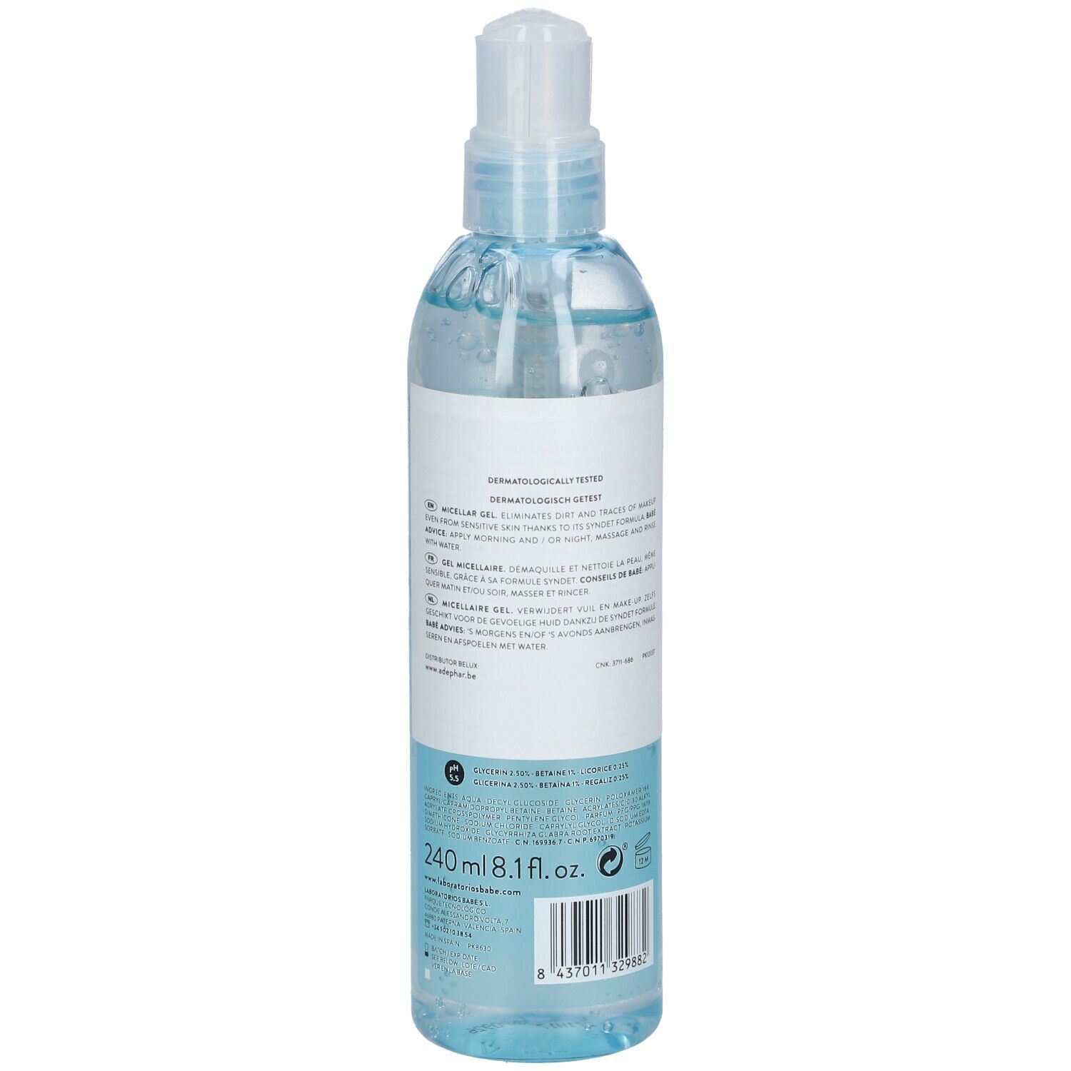 Gel micellaire BABÉ. Dos du flacon. Flacon transparent avec gel bleu. Étiquette avec texte.
