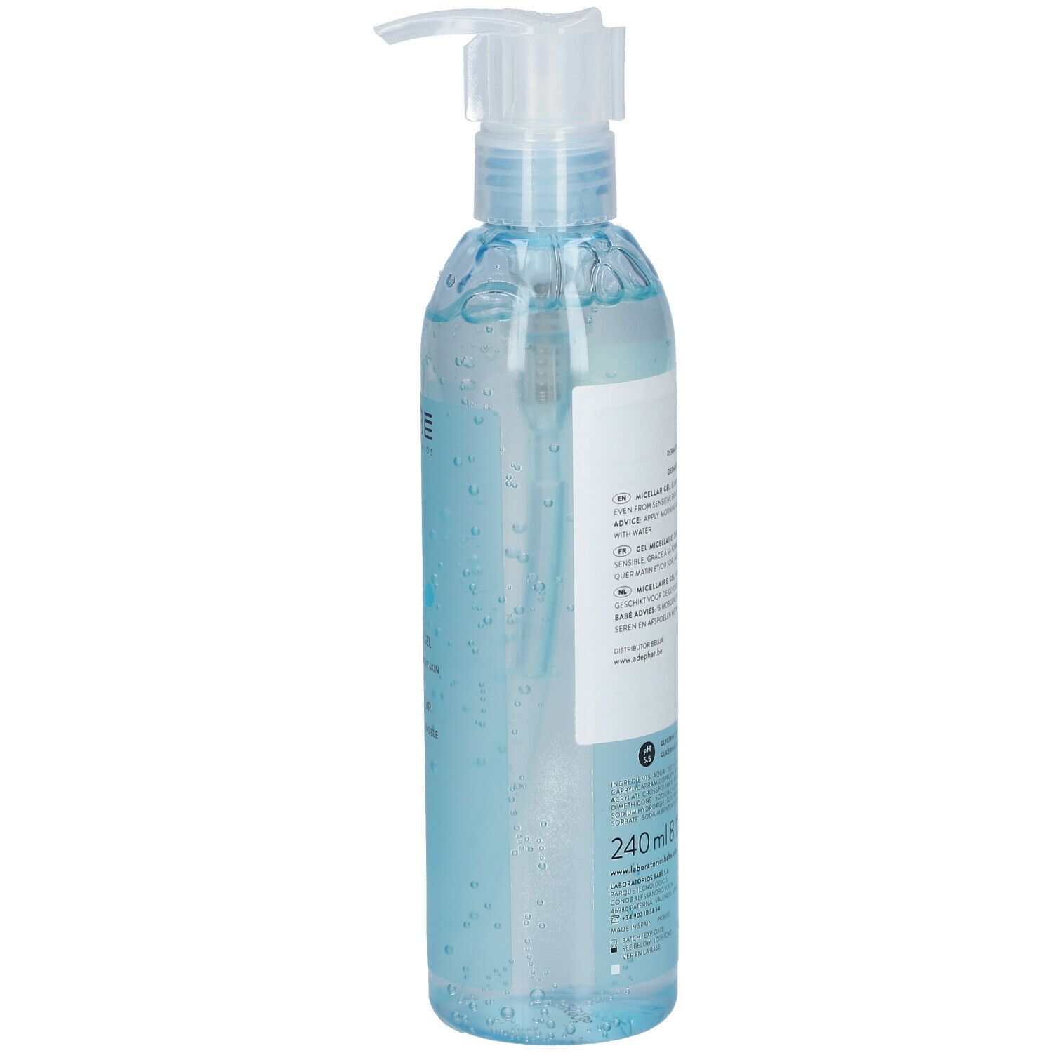 Gel micellaire BABÉ. Dos du flacon. Flacon transparent avec gel bleu. Étiquette avec texte.