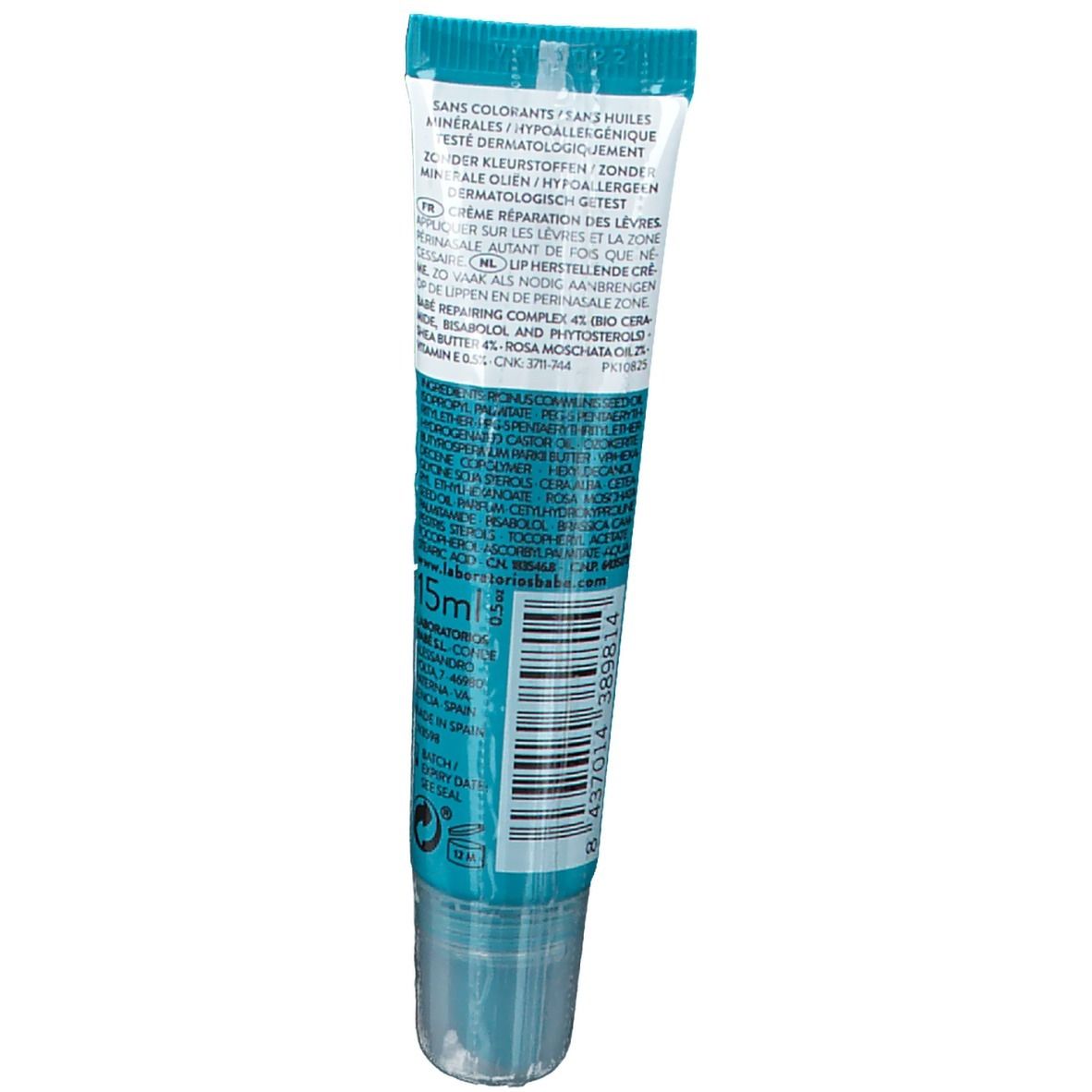 Dos du tube. Texte multilingue. Ingrédients et informations du fabricant.