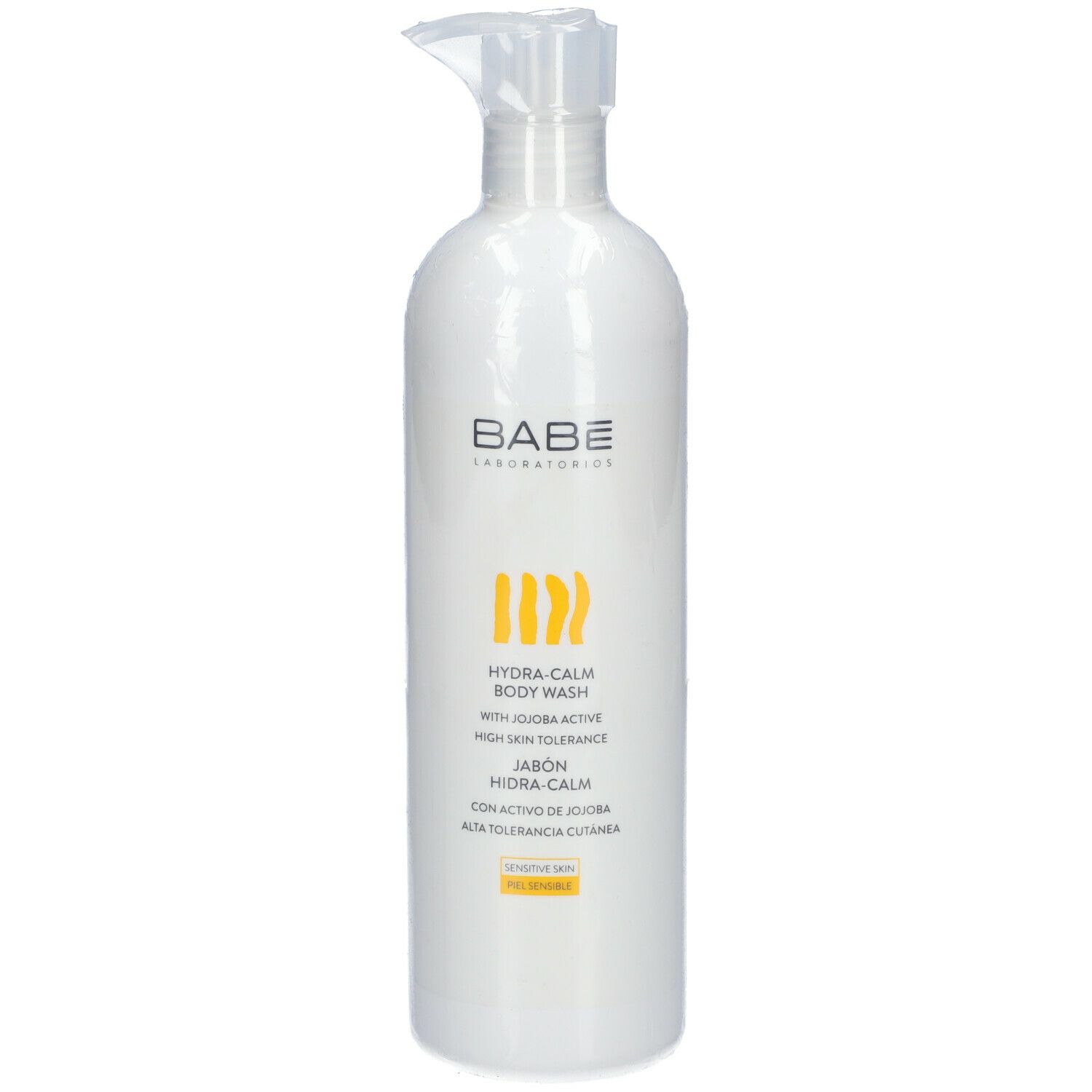 Weiße Flasche mit Pumpverschluss. Produkt verpackt in Folie. Aufschrift: BABÉ, Hydra-Calm Body Wash, mit Jojoba Active.