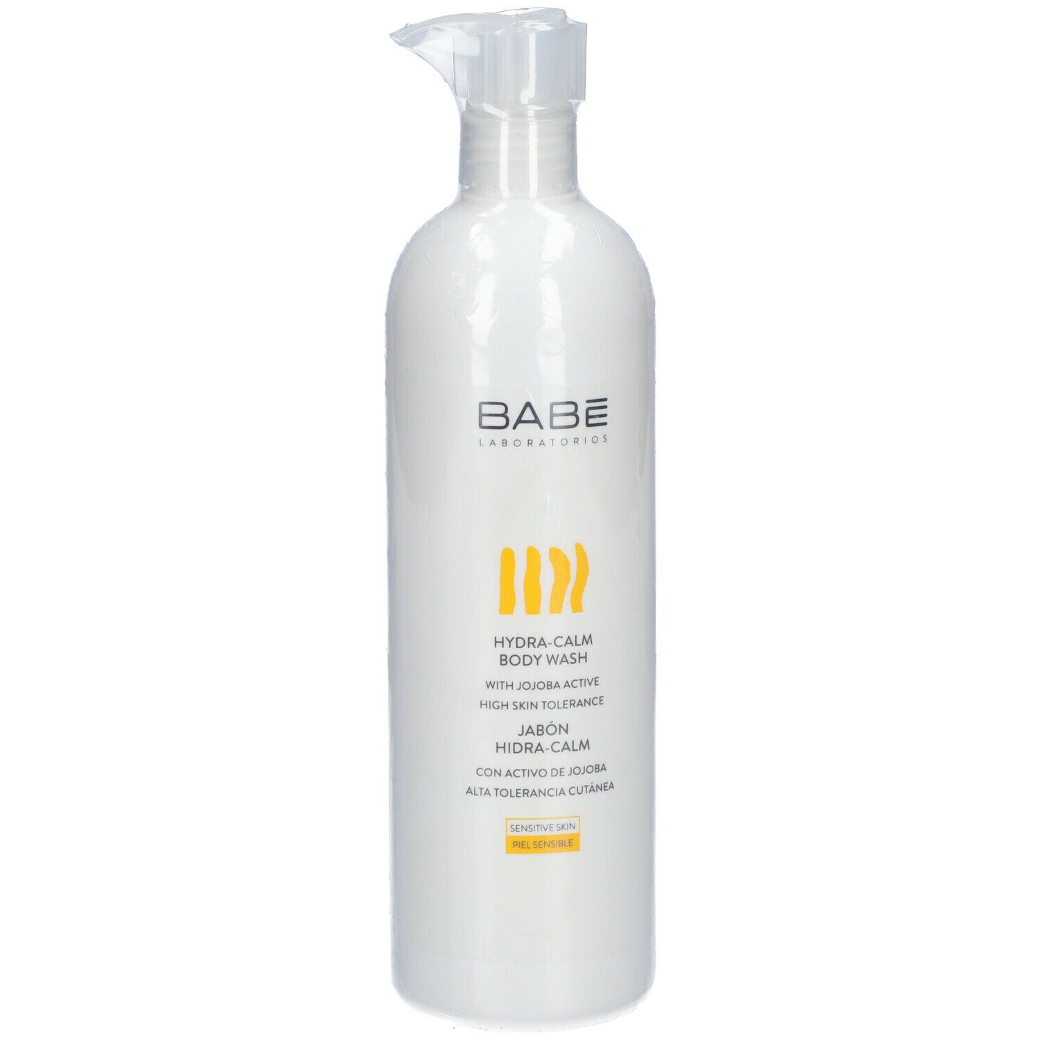 Weiße Flasche mit Pumpverschluss, Produkt in Folie verpackt. Aufschrift: BABÉ, Hydra-Calm Body Wash, mit Jojoba Active.
