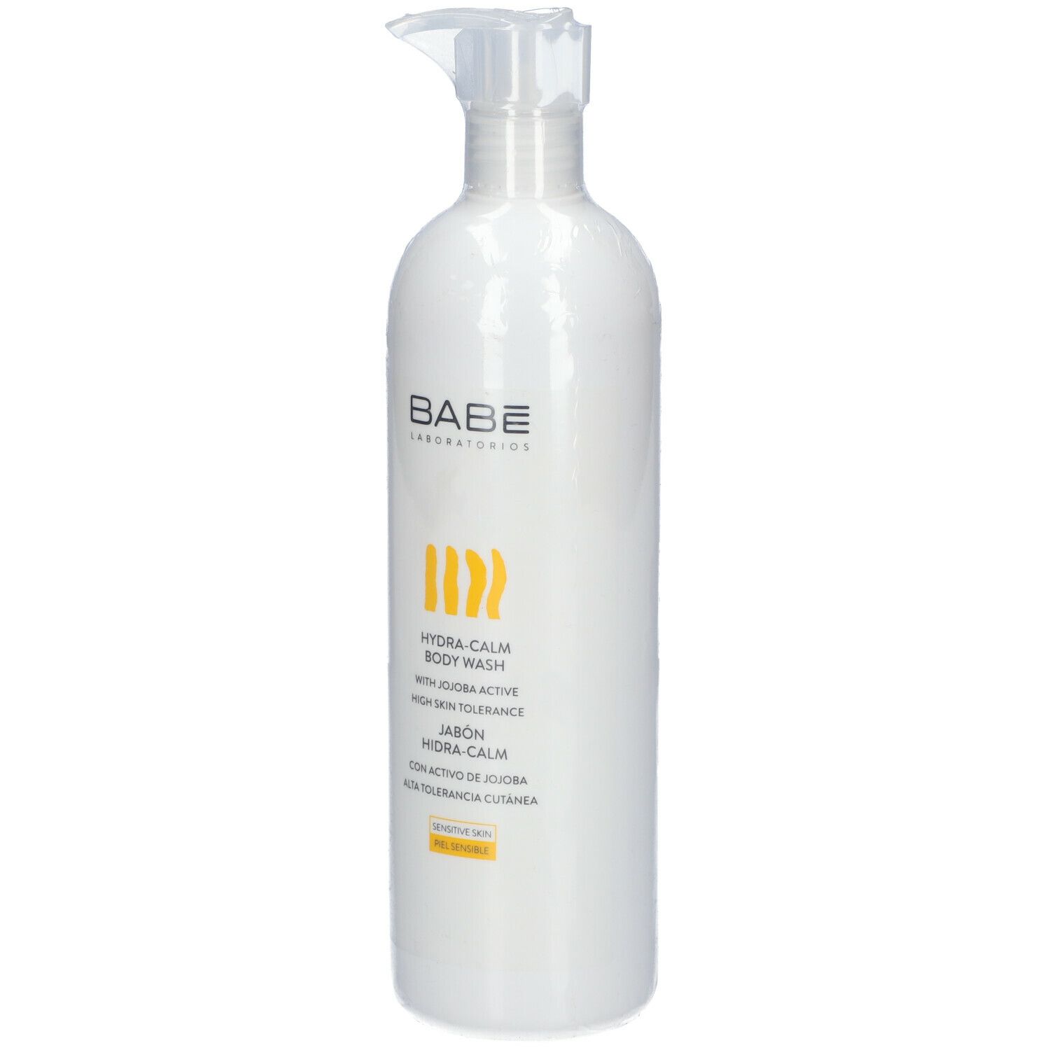 Weiße Flasche mit Pumpverschluss, Produkt in Folie verpackt. Aufschrift: BABÉ, Hydra-Calm Body Wash, mit Jojoba Active.