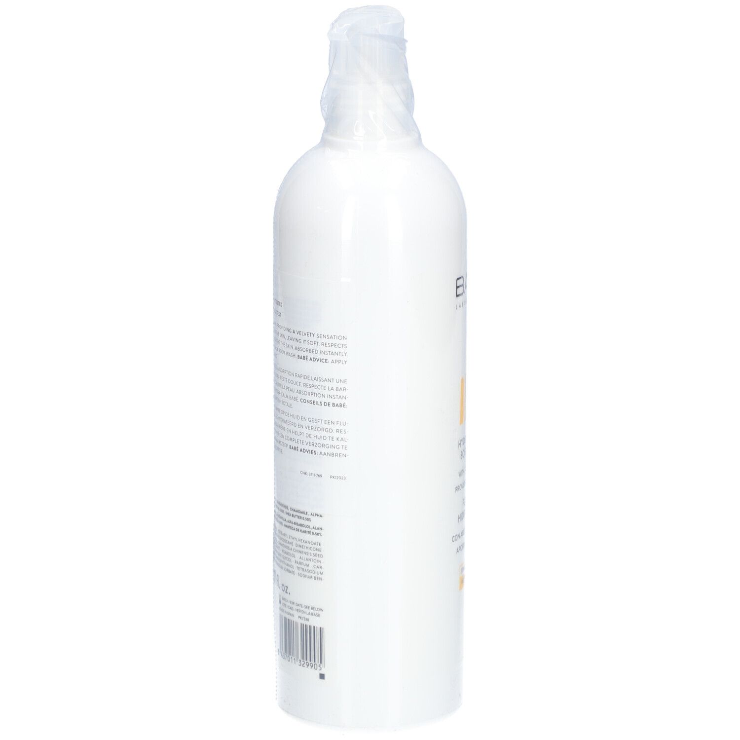 Flacon blanc, dos avec texte. BABÉ LABORATORIOS, HYDRA-CALM BODY MILK. Testé dermatologiquement. 500ml.