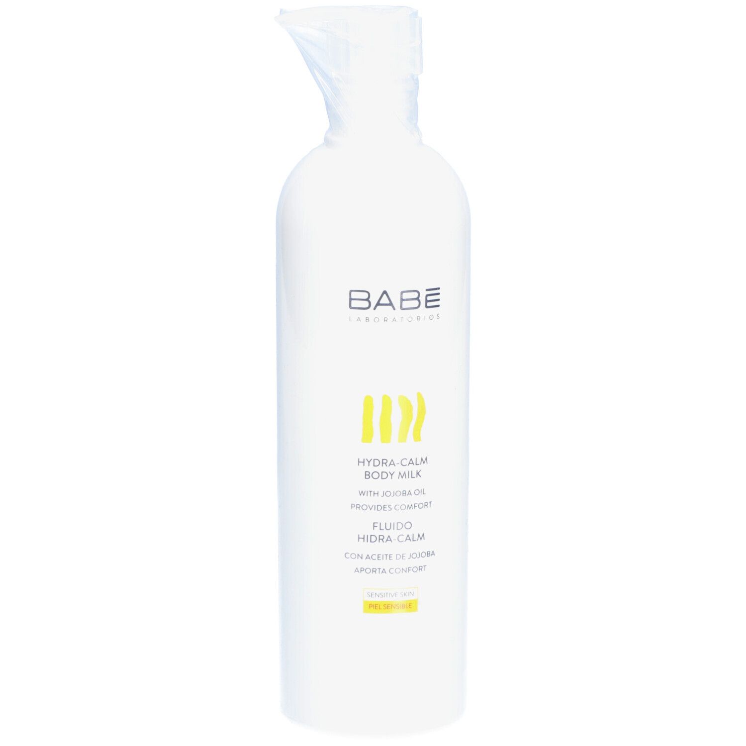 Flacon blanc avec pompe. Inscriptions: BABÉ LABORATORIOS, HYDRA-CALM BODY MILK, FLUIDO HIDRA-CALM. Pour peaux sensibles.