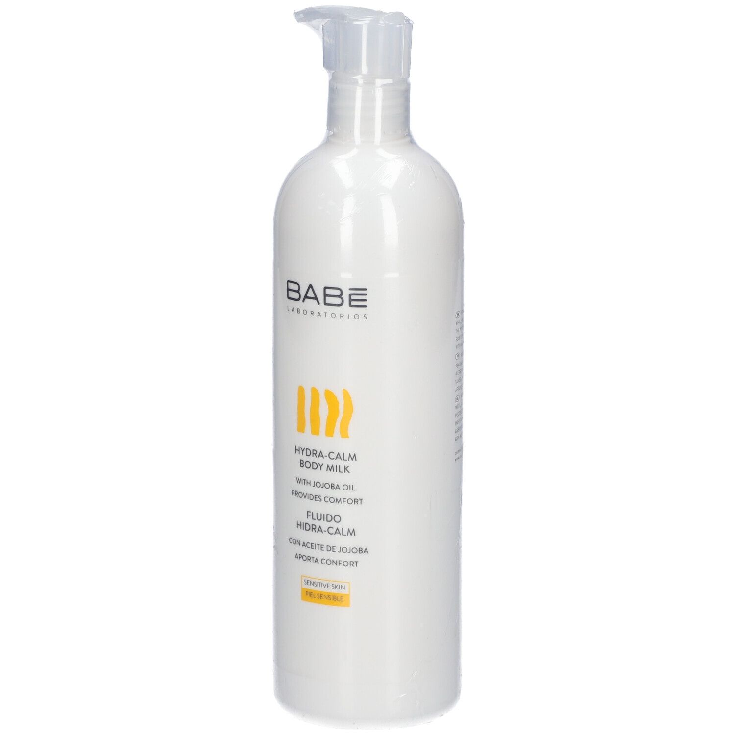 Flacon blanc avec pompe. Inscriptions: BABÉ LABORATORIOS, HYDRA-CALM BODY MILK, FLUIDO HIDRA-CALM. Pour peaux sensibles.