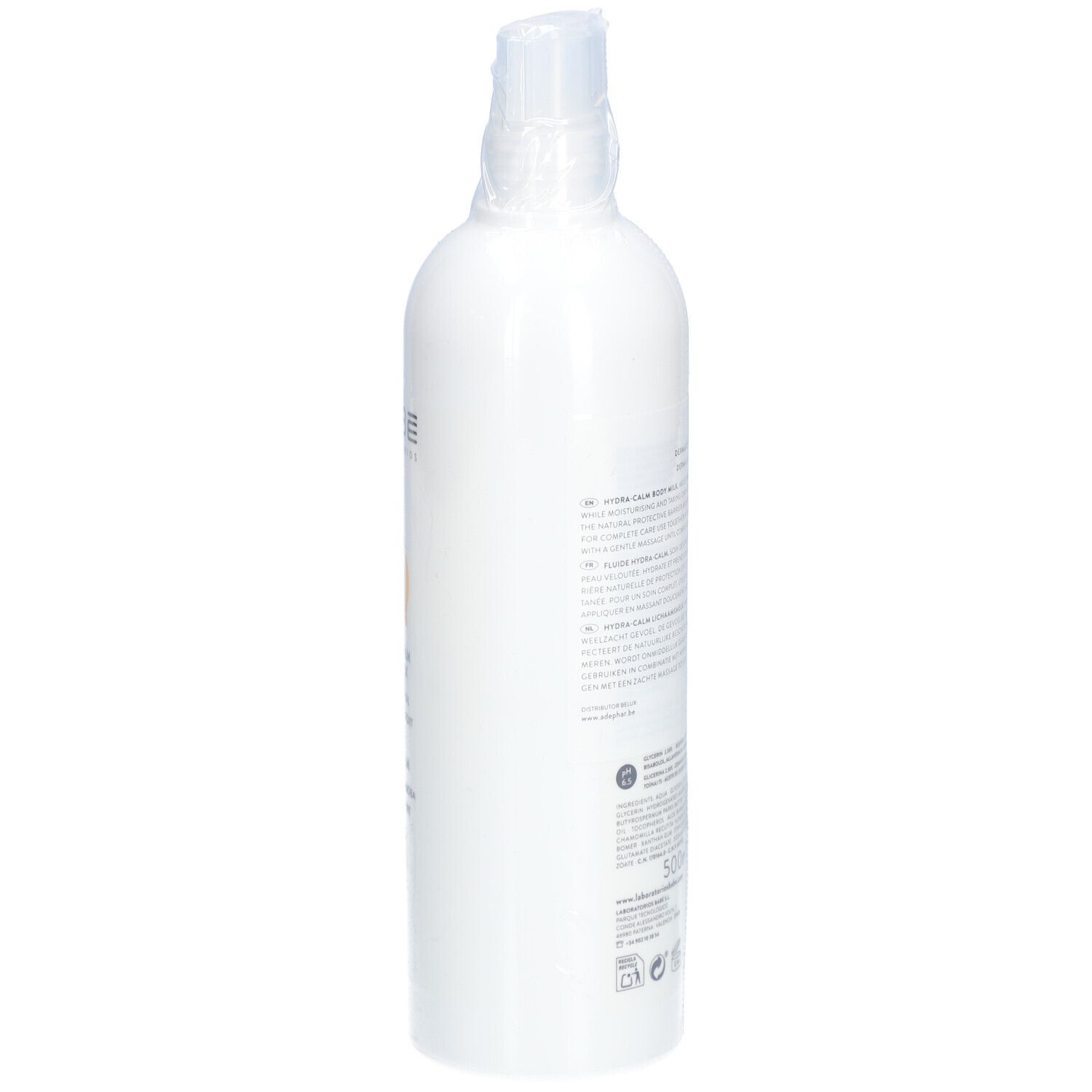 Flacon blanc, dos avec texte. BABÉ LABORATORIOS, HYDRA-CALM BODY MILK. Testé dermatologiquement. 500ml.