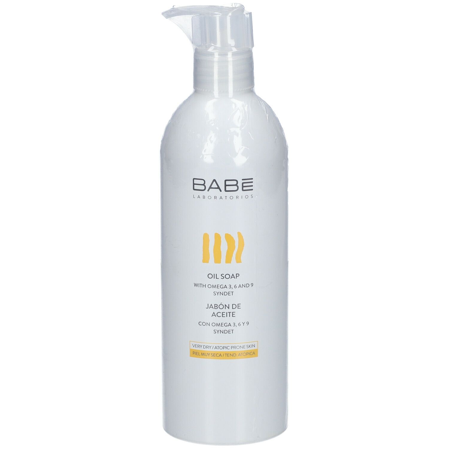 Flacon de BABÉ Ölseife avec pompe. Étiquette blanche avec accents jaunes et informations produit. Peau très sèche, atopique.