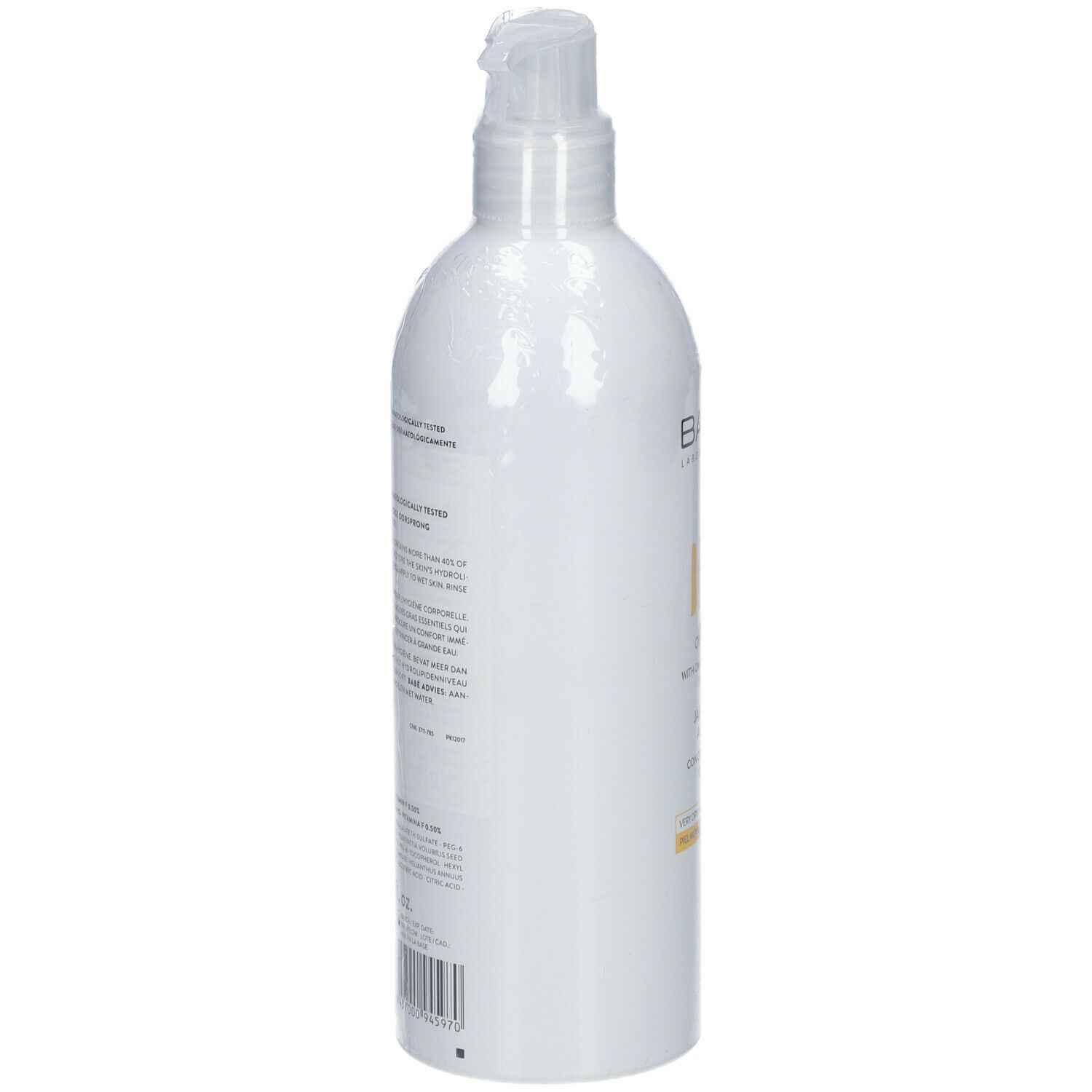 Dos du flacon BABÉ Ölseife avec informations produit et ingrédients. 500 ml. Testé dermatologiquement.