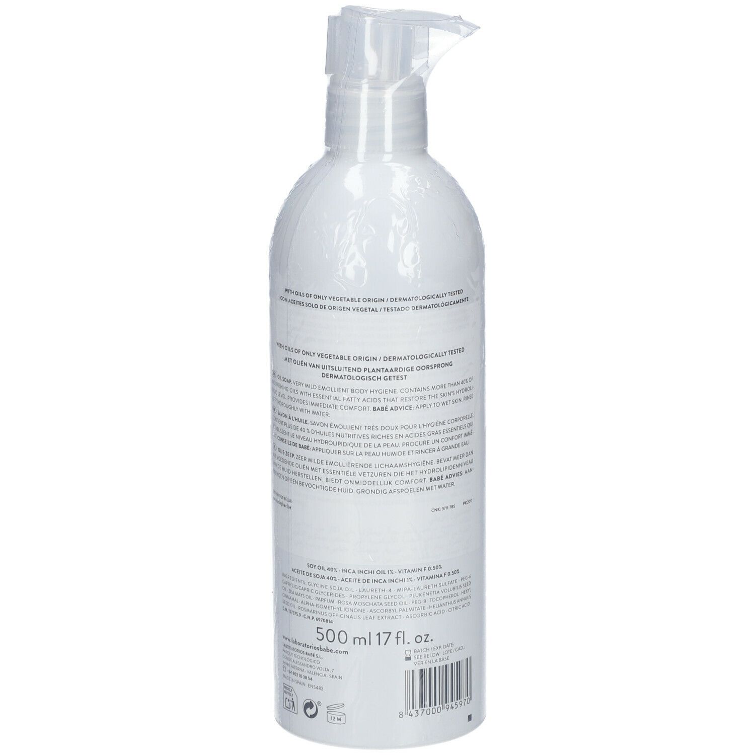 Dos du flacon BABÉ Ölseife avec informations produit et ingrédients. 500 ml. Testé dermatologiquement.