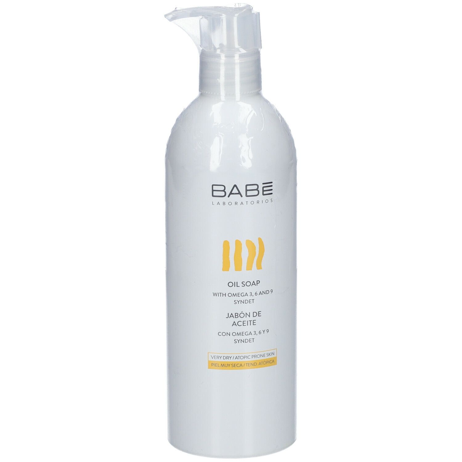 Flacon de BABÉ Ölseife avec pompe. Étiquette blanche avec accents jaunes et informations produit. Peau très sèche, atopique.