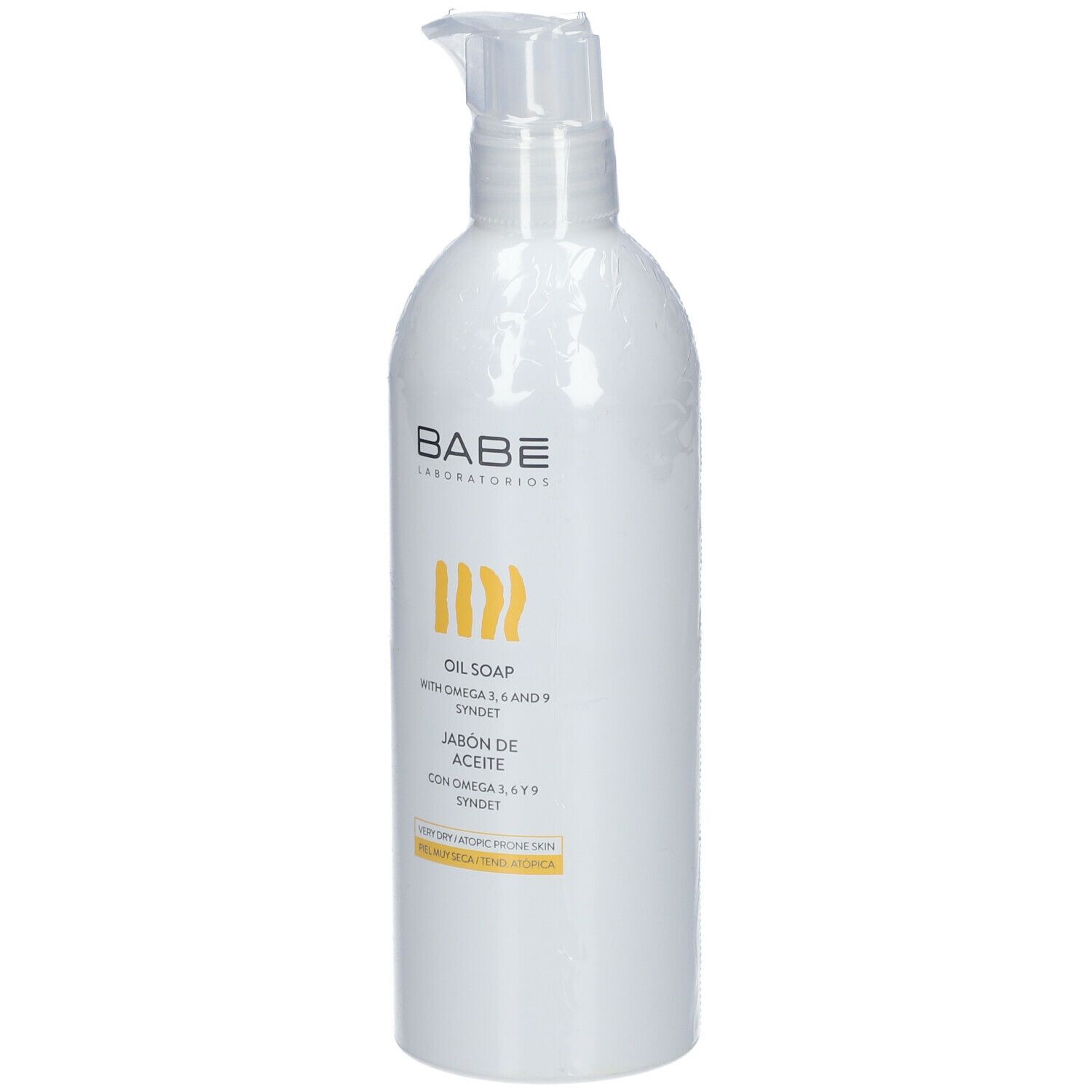 Flacon de BABÉ Ölseife avec pompe. Étiquette blanche avec accents jaunes et informations produit. Peau très sèche, atopique.