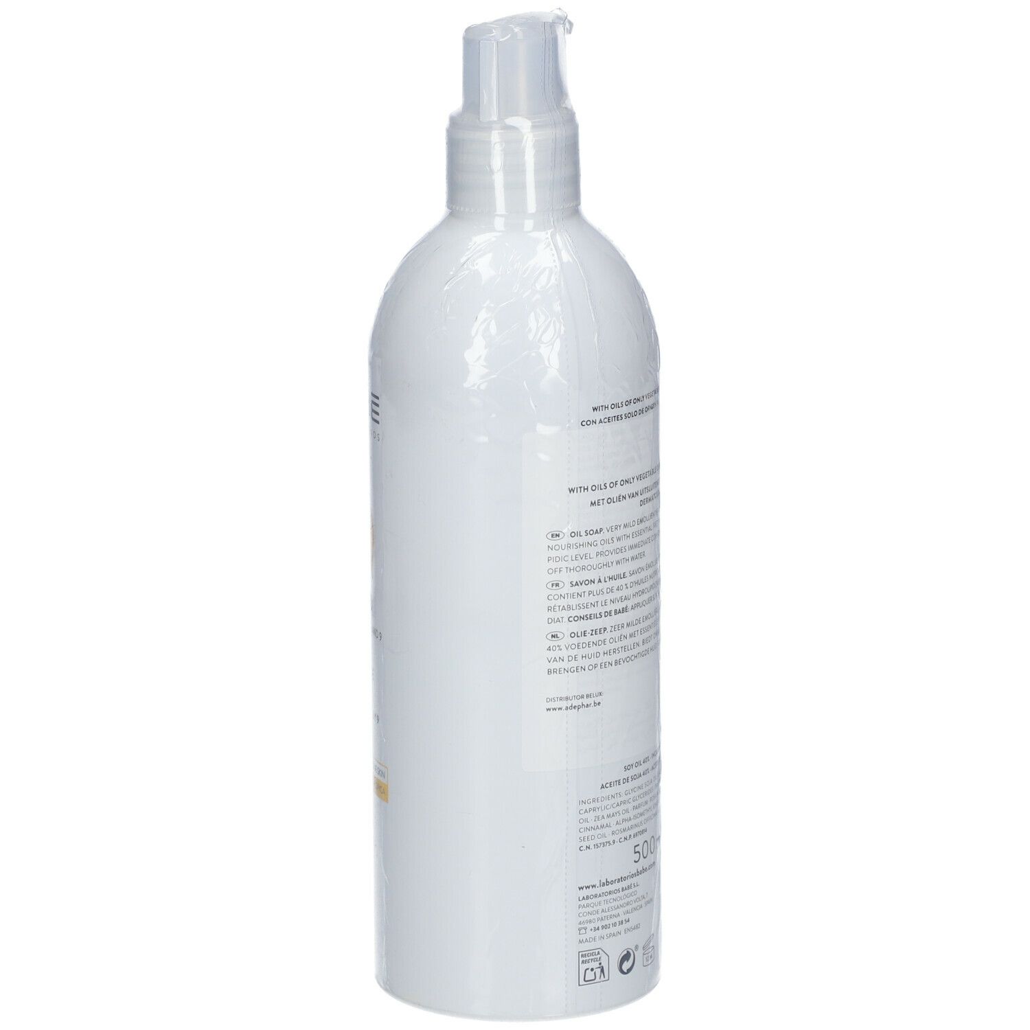 Dos du flacon BABÉ Ölseife avec informations produit et ingrédients. 500 ml. Testé dermatologiquement.