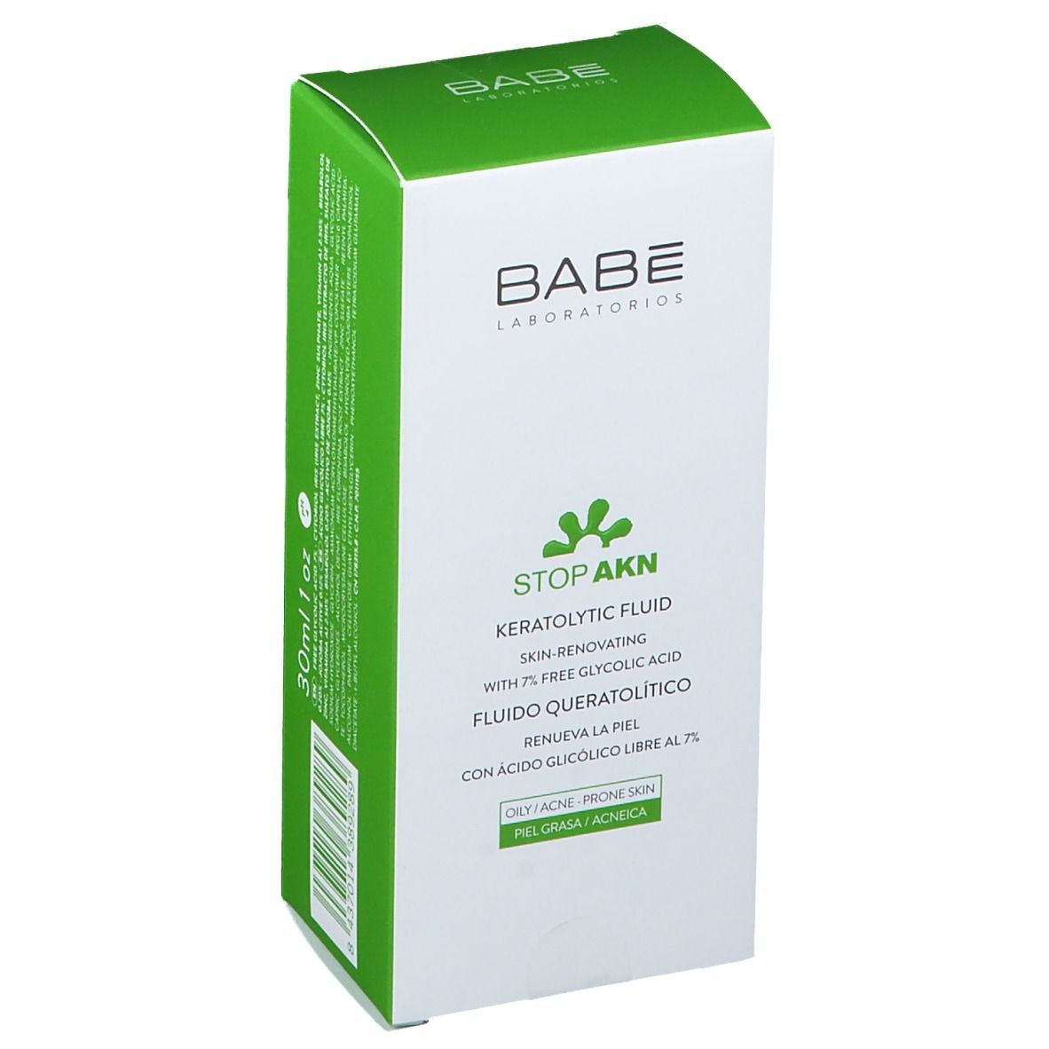Emballage blanc et vert. Inscription: BABE Laboratorios, STOP AKN, Fluide kératolytique. Pour peaux grasses/à problèmes.