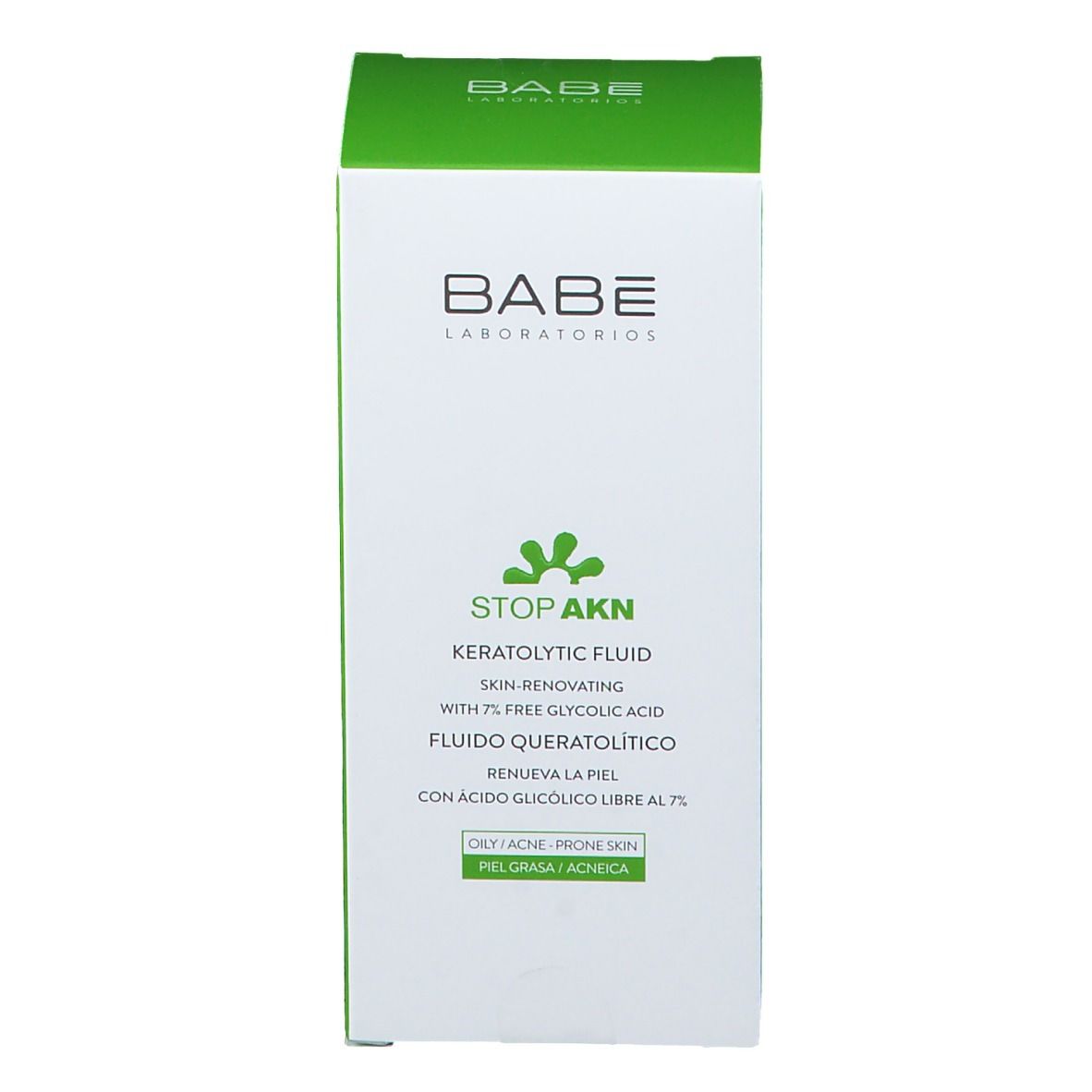 Emballage blanc et vert. Inscription: BABE Laboratorios, STOP AKN, Fluide kératolytique. Pour peaux grasses/à problèmes.