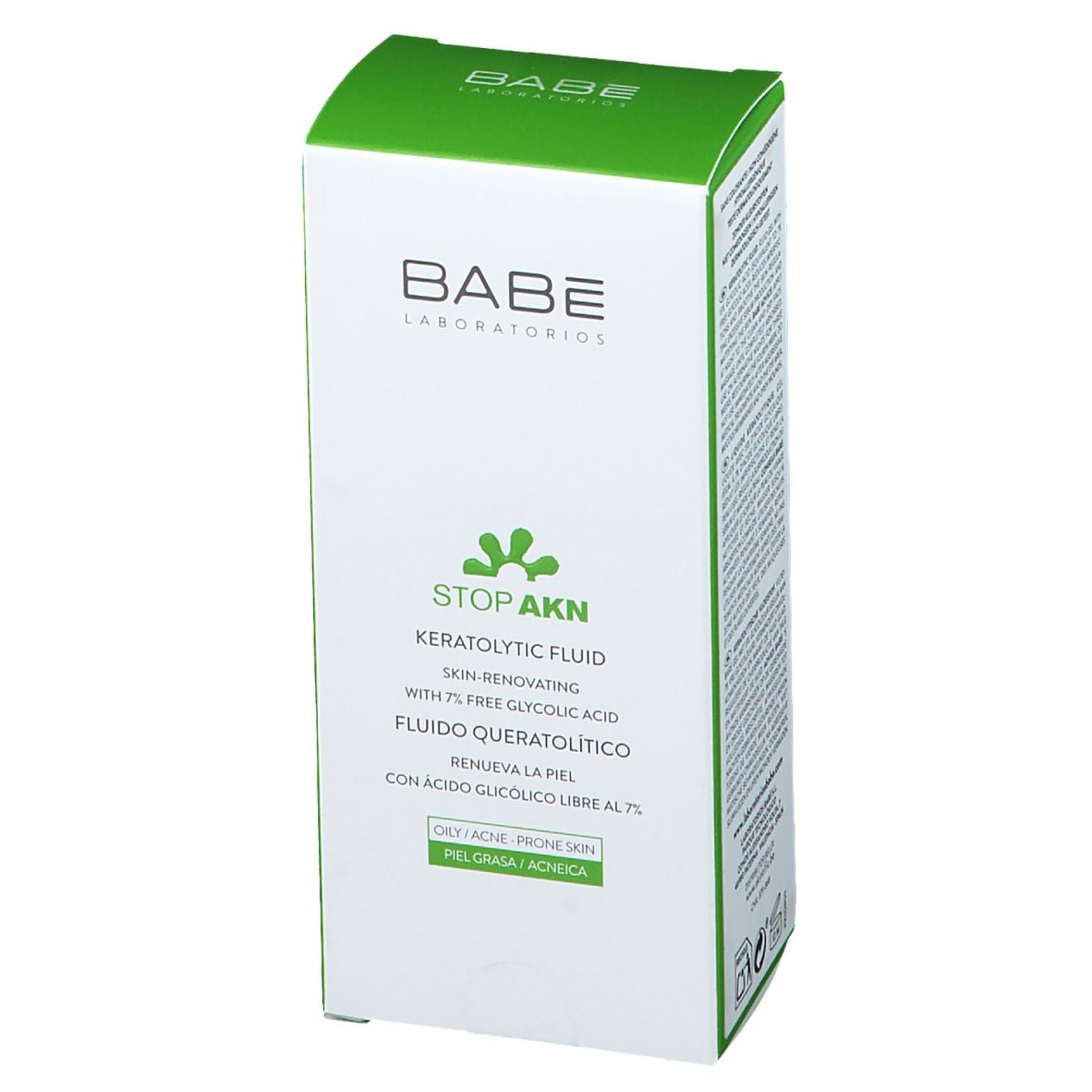 Emballage blanc et vert. Inscription: BABE Laboratorios, STOP AKN, Fluide kératolytique. Pour peaux grasses/à problèmes.