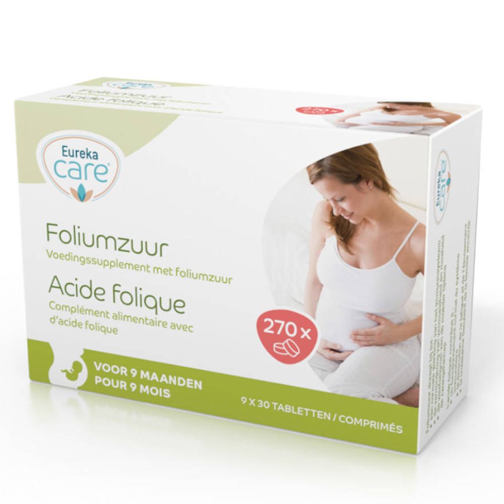 Boîte de Eureka Care Acide folique. Inscription : Acide folique, 270 comprimés, femme enceinte. Logo Eureka Care.