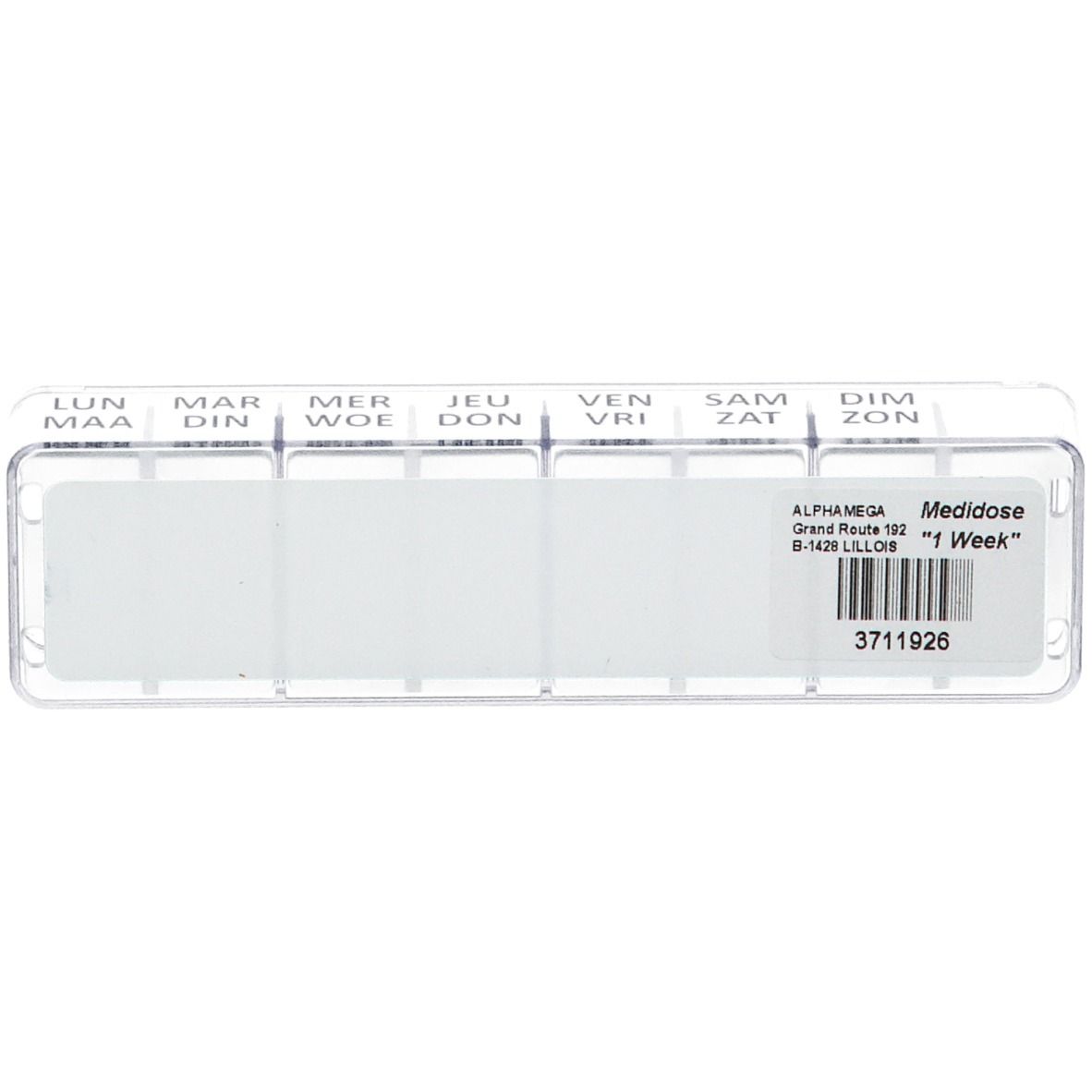 Transparante pillendoos met zeven compartimenten. Sticker met productnaam, barcode en adres.