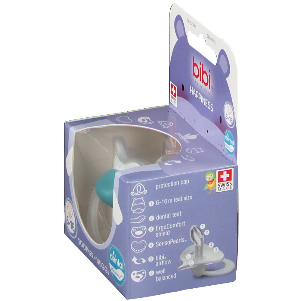 Verpackung mit Schnuller. Sichtbar: blau-weißer Schnuller, Schutzhülle, Produktinformationen, Marke und Logo.