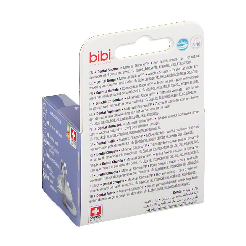 Rückseite der Verpackung mit Produktinformationen in mehreren Sprachen. Schweizer Kreuz-Logo.
