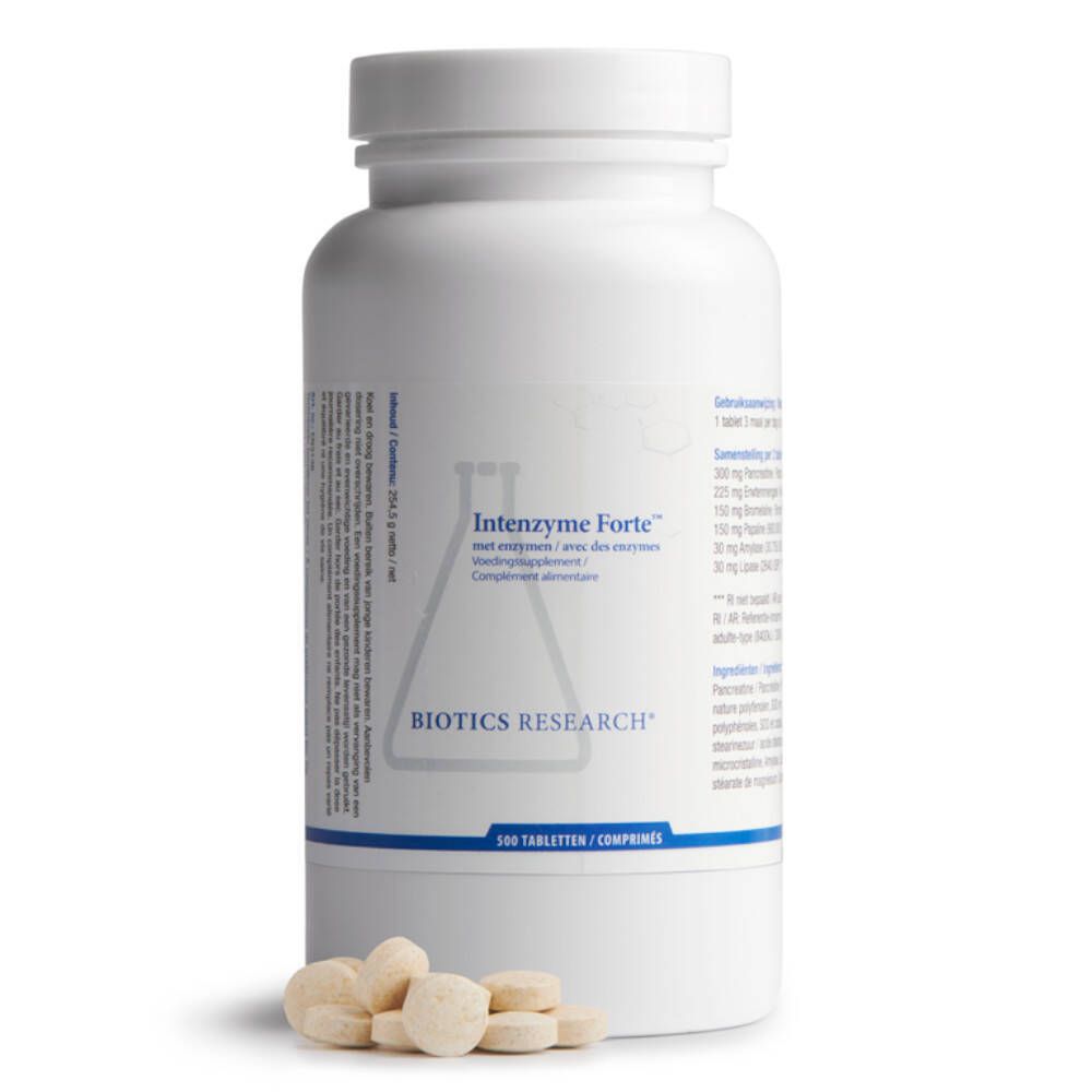 Witte fles Biotics® Intenzyme Forte™ met tabletten ernaast. 100 tabletten. Opschrift en informatie op het etiket.
