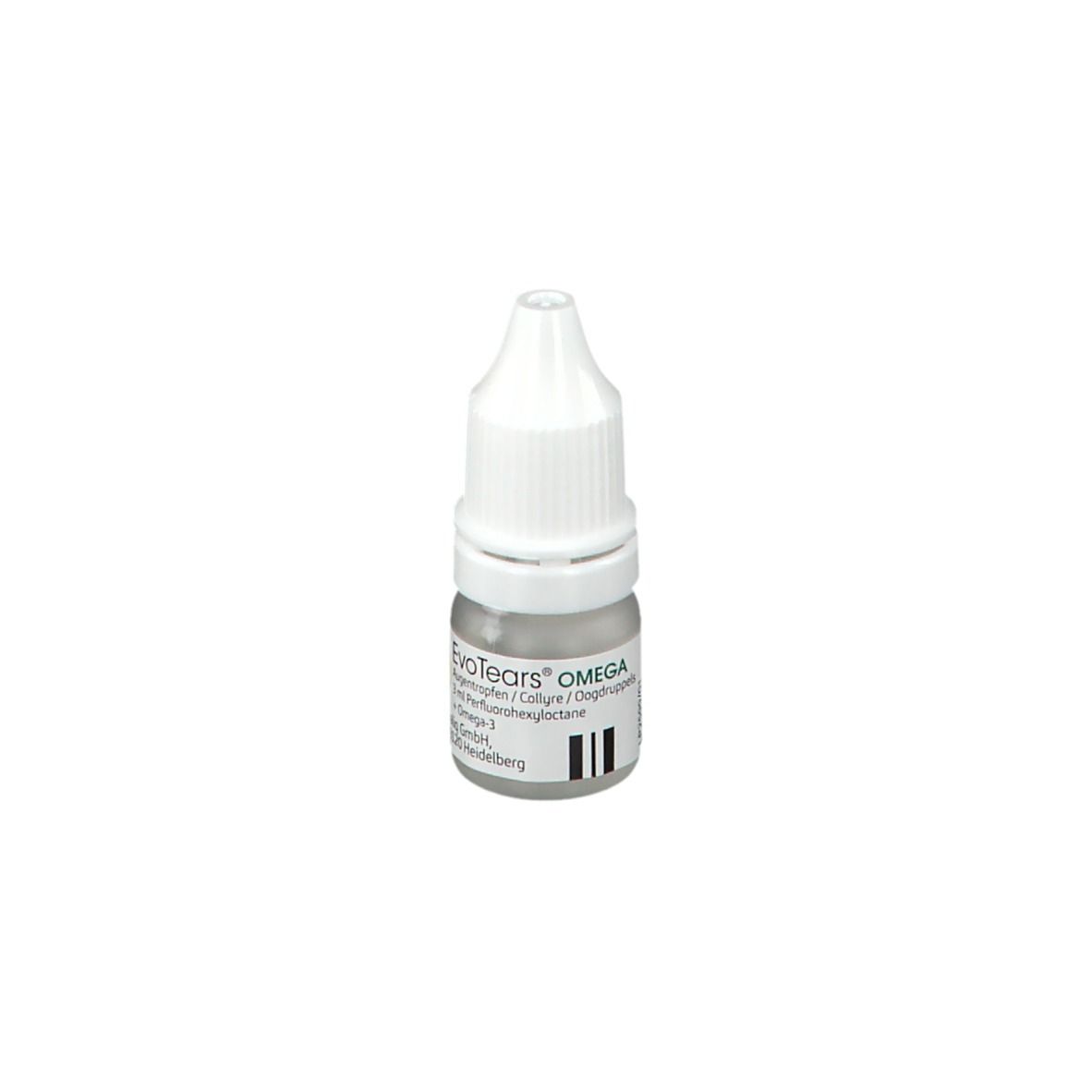 Kleine fles met witte dop. Opschrift: EvoTears OMEGA. Bevat oogdruppels.