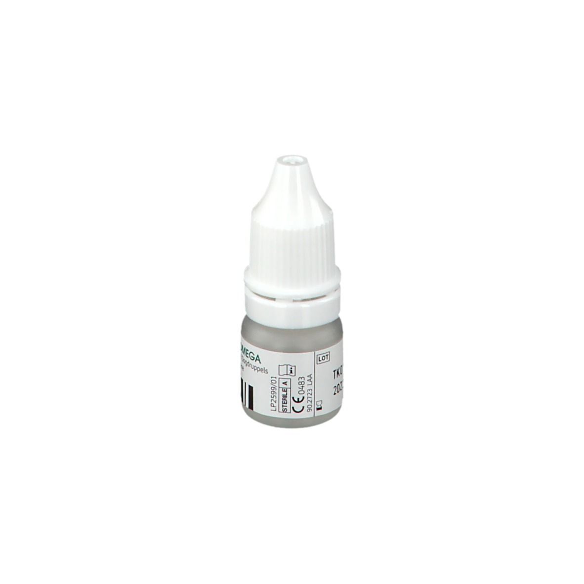 Kleine fles met witte dop. Opschrift: OMEGA. Bevat oogdruppels. Steriel.