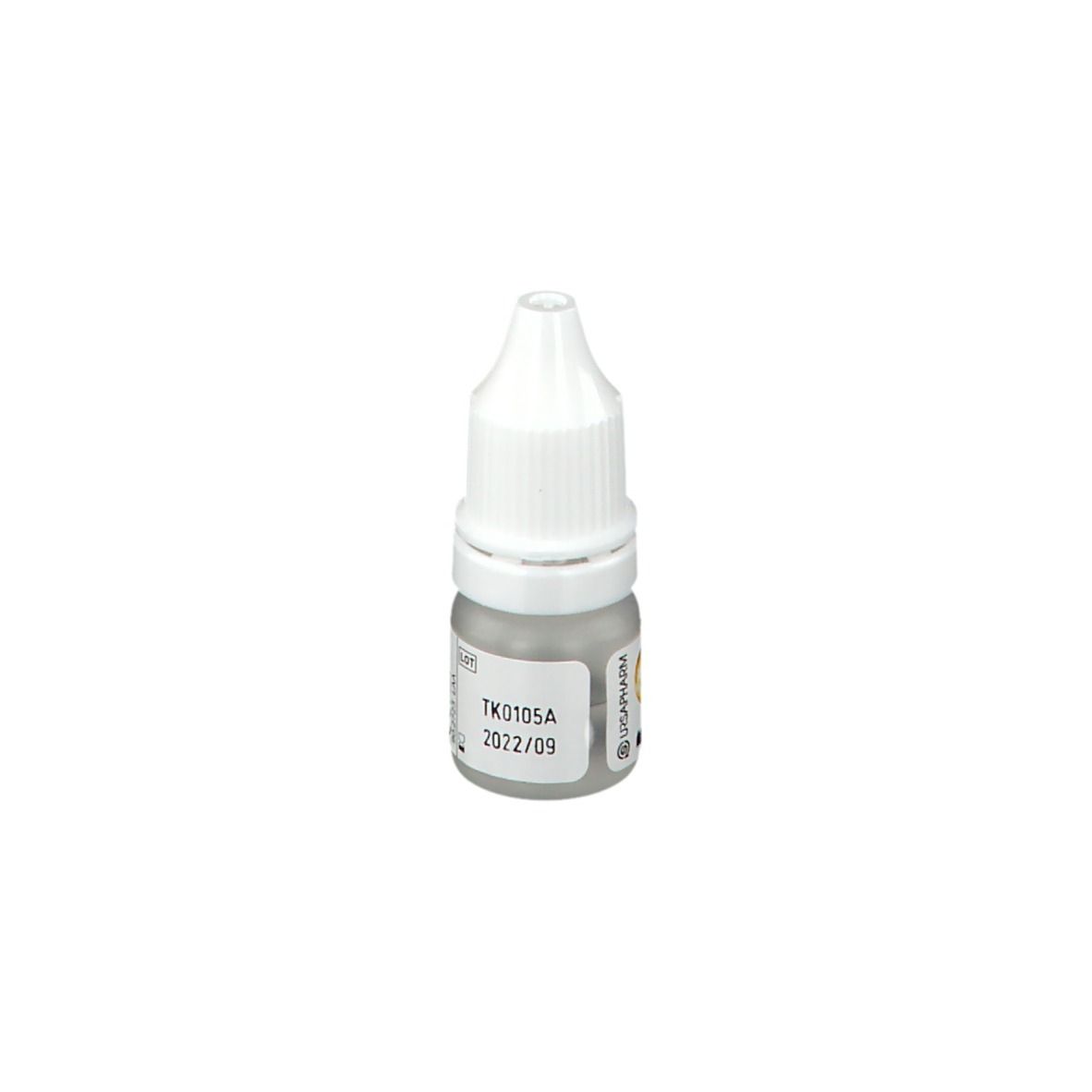 Kleine fles met witte dop. Opschrift: OMEGA. Bevat oogdruppels. Houdbaar tot 2022/09.