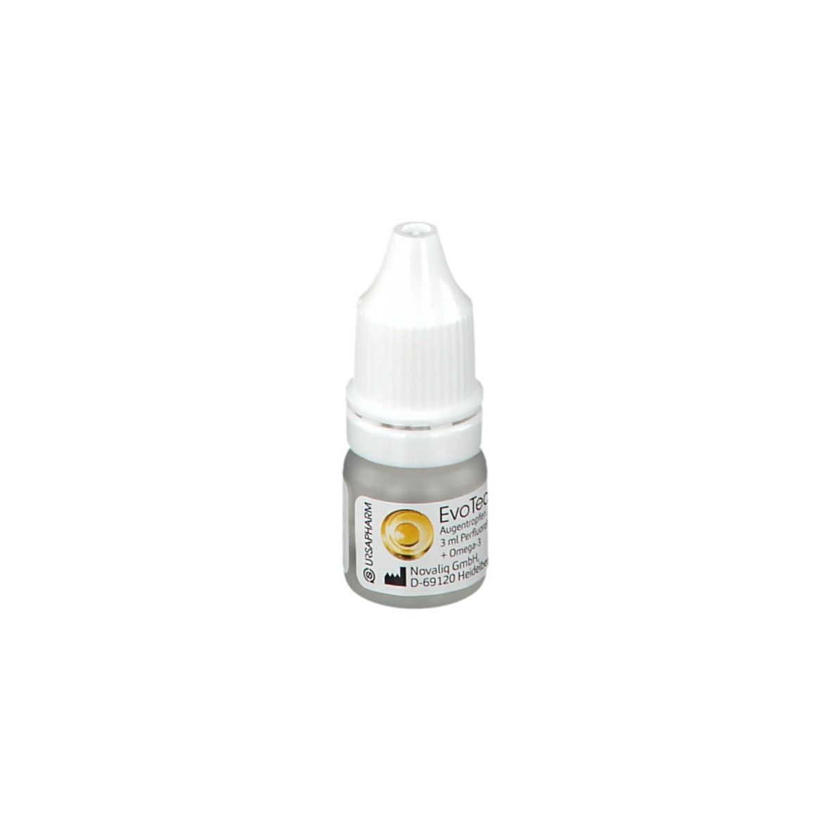 Kleine fles met witte dop. Opschrift: EvoTears. Bevat oogdruppels. Logo.