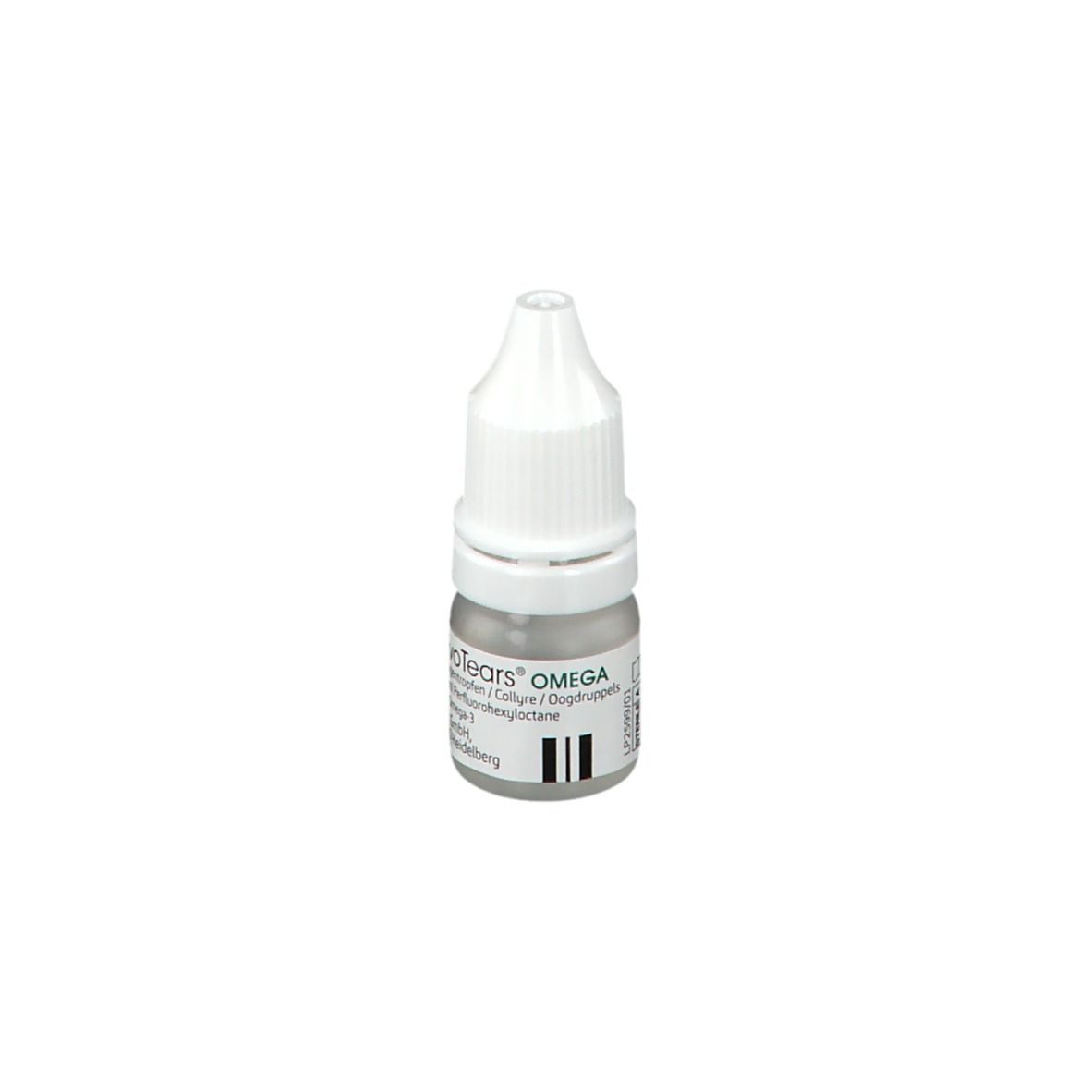 Kleine fles met witte dop. Opschrift: EvoTears OMEGA. Bevat oogdruppels.