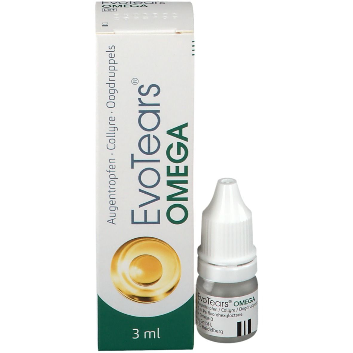 Doos met opschrift: EvoTears OMEGA. Bevat oogdruppels. 3 ml. Fles ernaast.