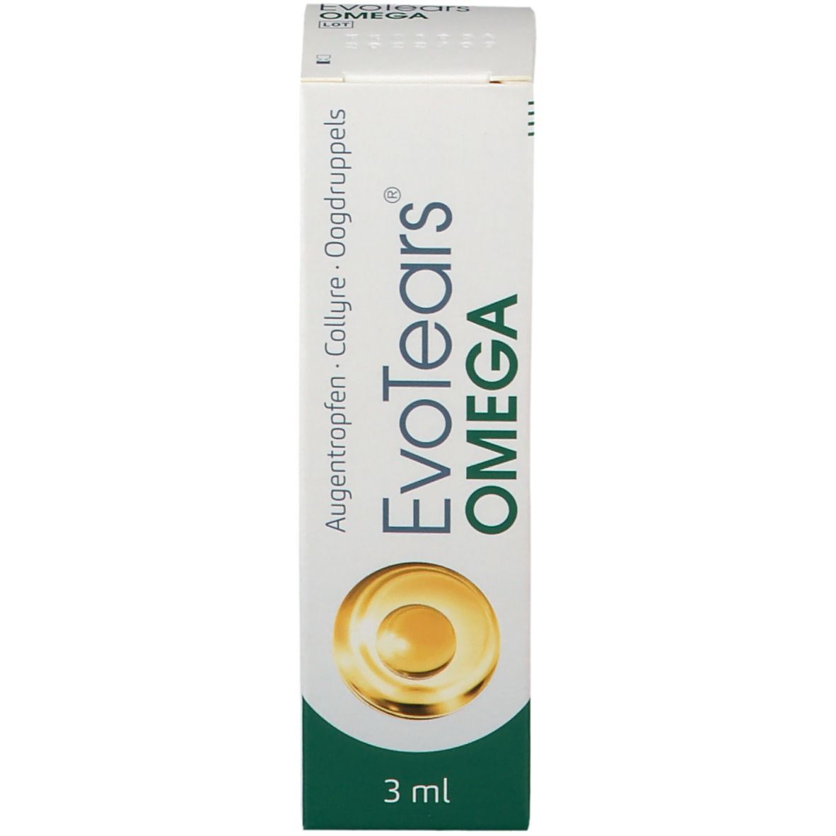 Doos met opschrift: EvoTears OMEGA. Bevat oogdruppels. 3 ml.
