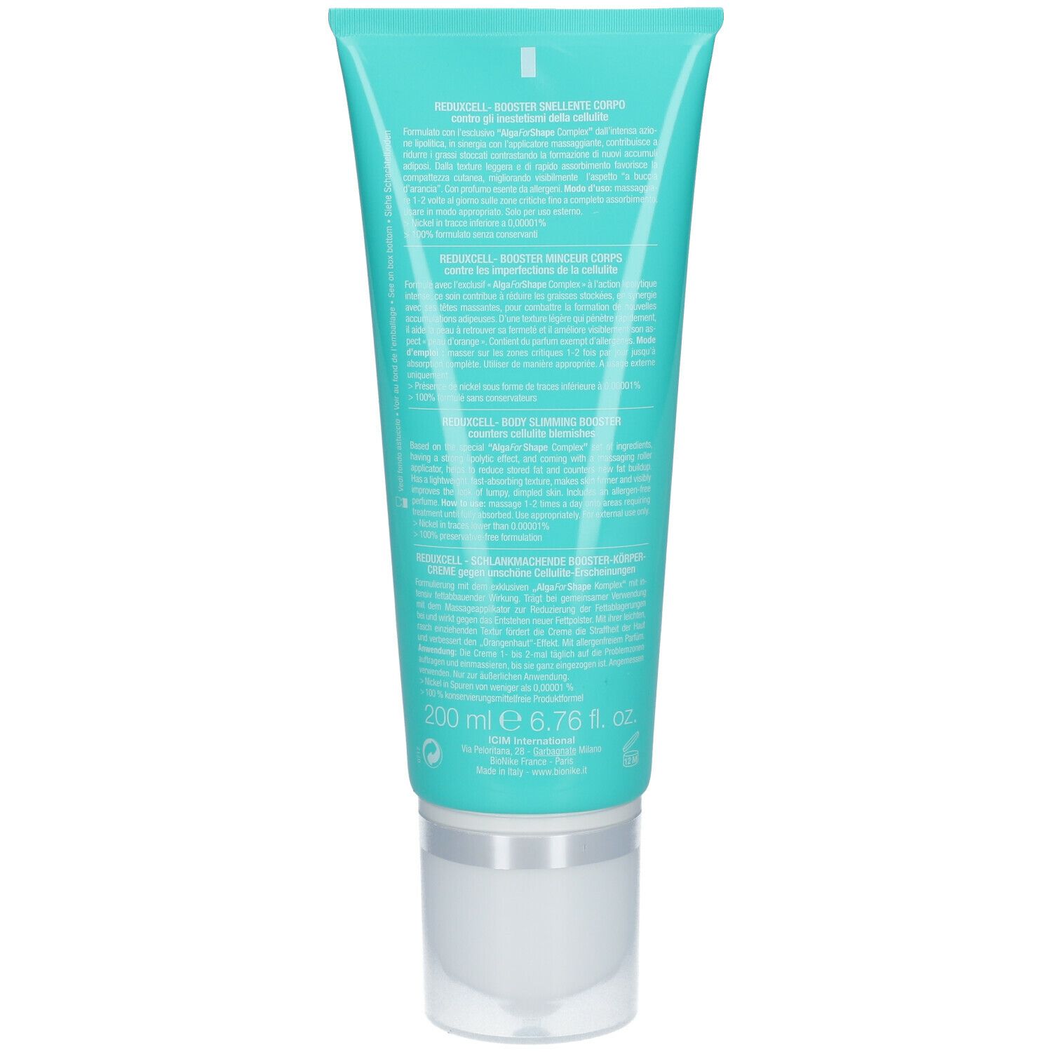 Dos d'un tube turquoise avec bouchon blanc. Texte en plusieurs langues. Volume : 200 ml.