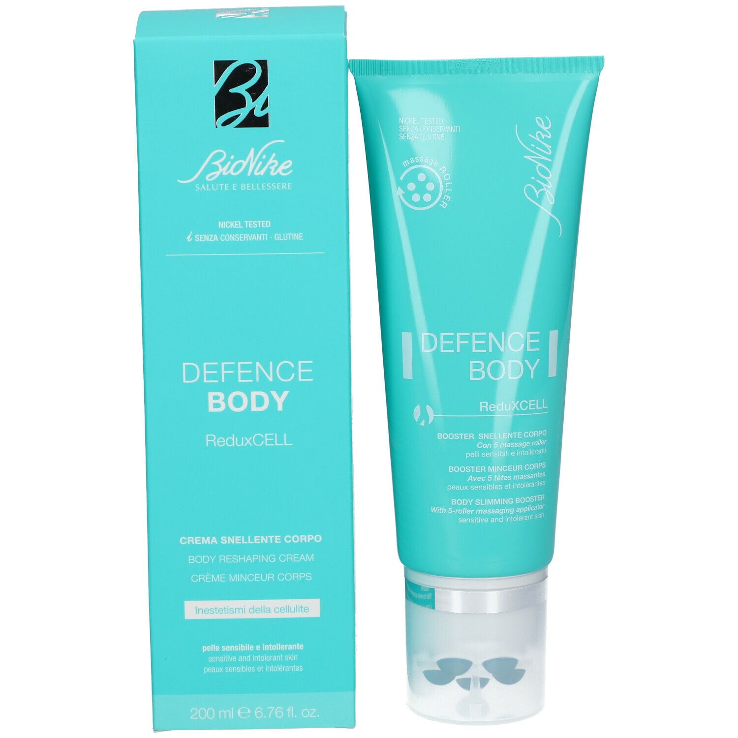 Tube et boîte turquoise. Inscription : DEFENCE BODY ReduxCELL. Marque : BioNike. Produit pour le corps. Volume : 200 ml.