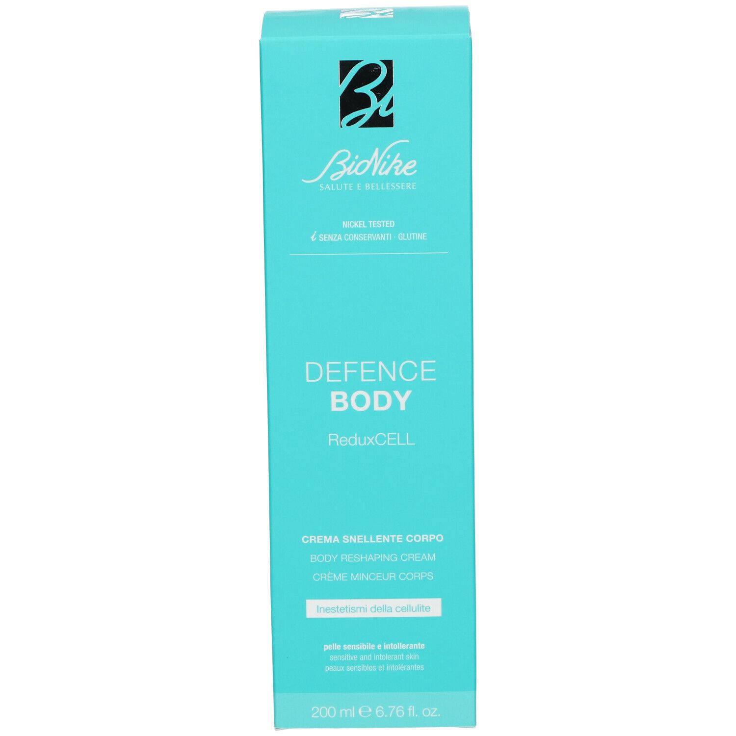 Boîte turquoise. Inscription : DEFENCE BODY ReduxCELL. Marque : BioNike. Produit pour le corps. Volume : 200 ml.