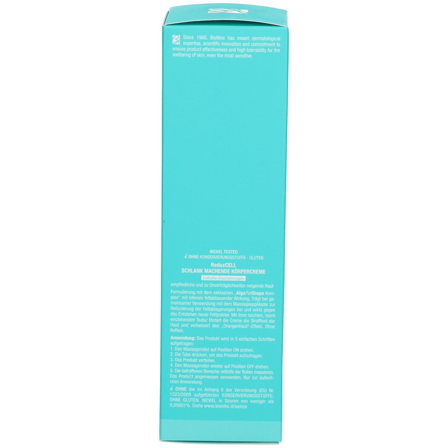 Boîte turquoise. Texte multilingue. Marque : BioNike. Informations sur le produit.