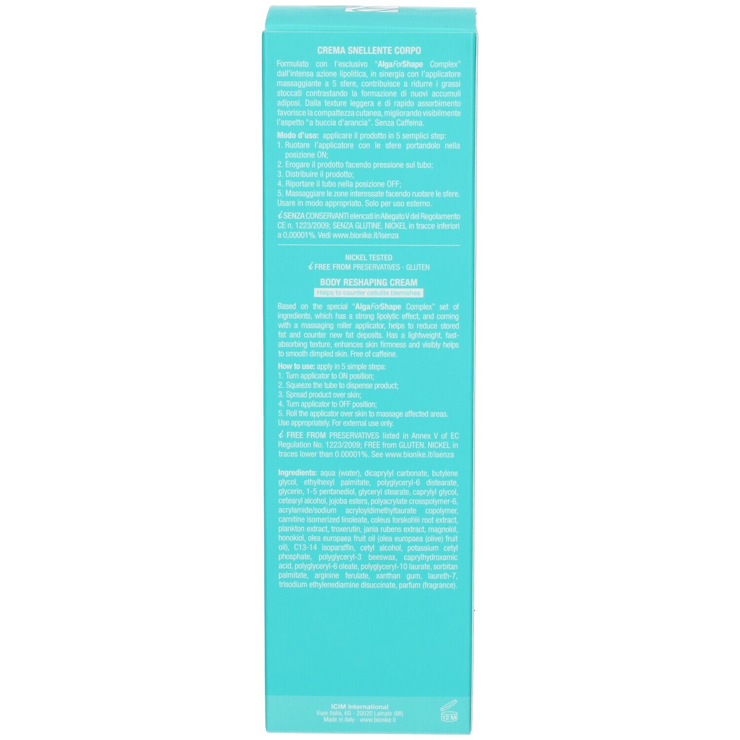 Boîte turquoise. Texte multilingue. Ingrédients et instructions d'utilisation.