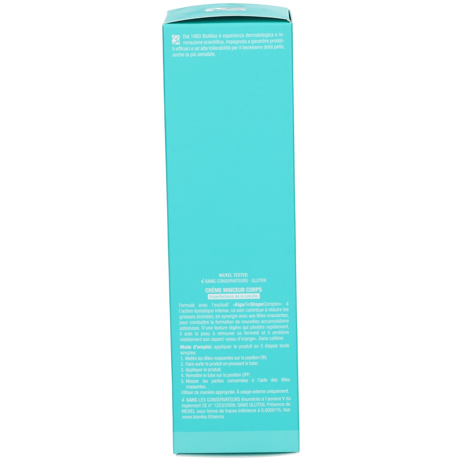 Boîte turquoise. Texte multilingue. Informations et instructions d'utilisation du produit.