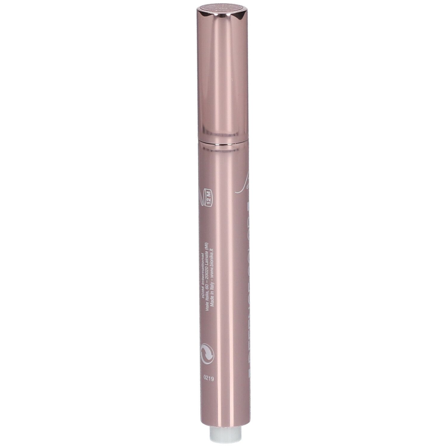 Stylo correcteur rose avec embout et capuchon argentés. Inscription : BioNike.