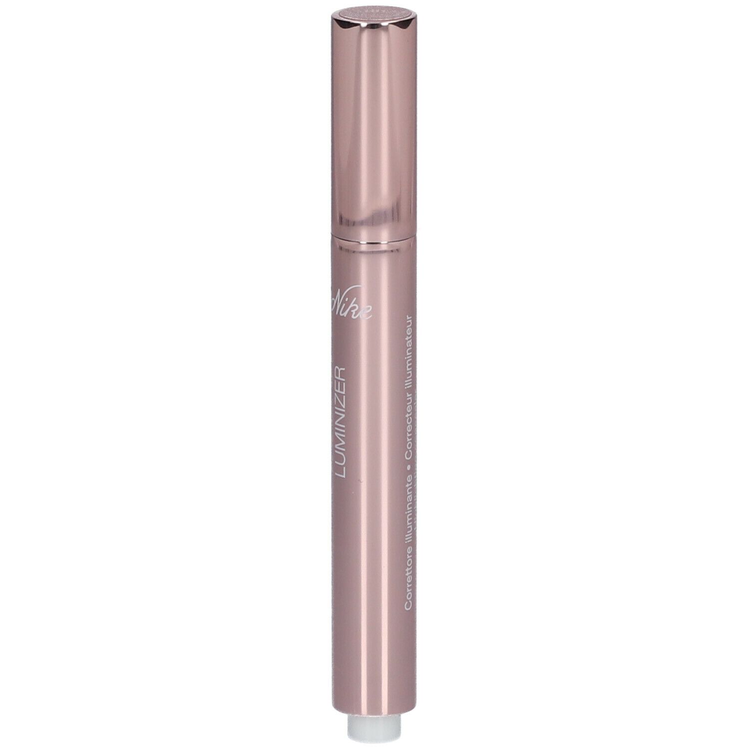 Stylo correcteur rose avec embout et capuchon argentés. Inscription : LUMINIZER.
