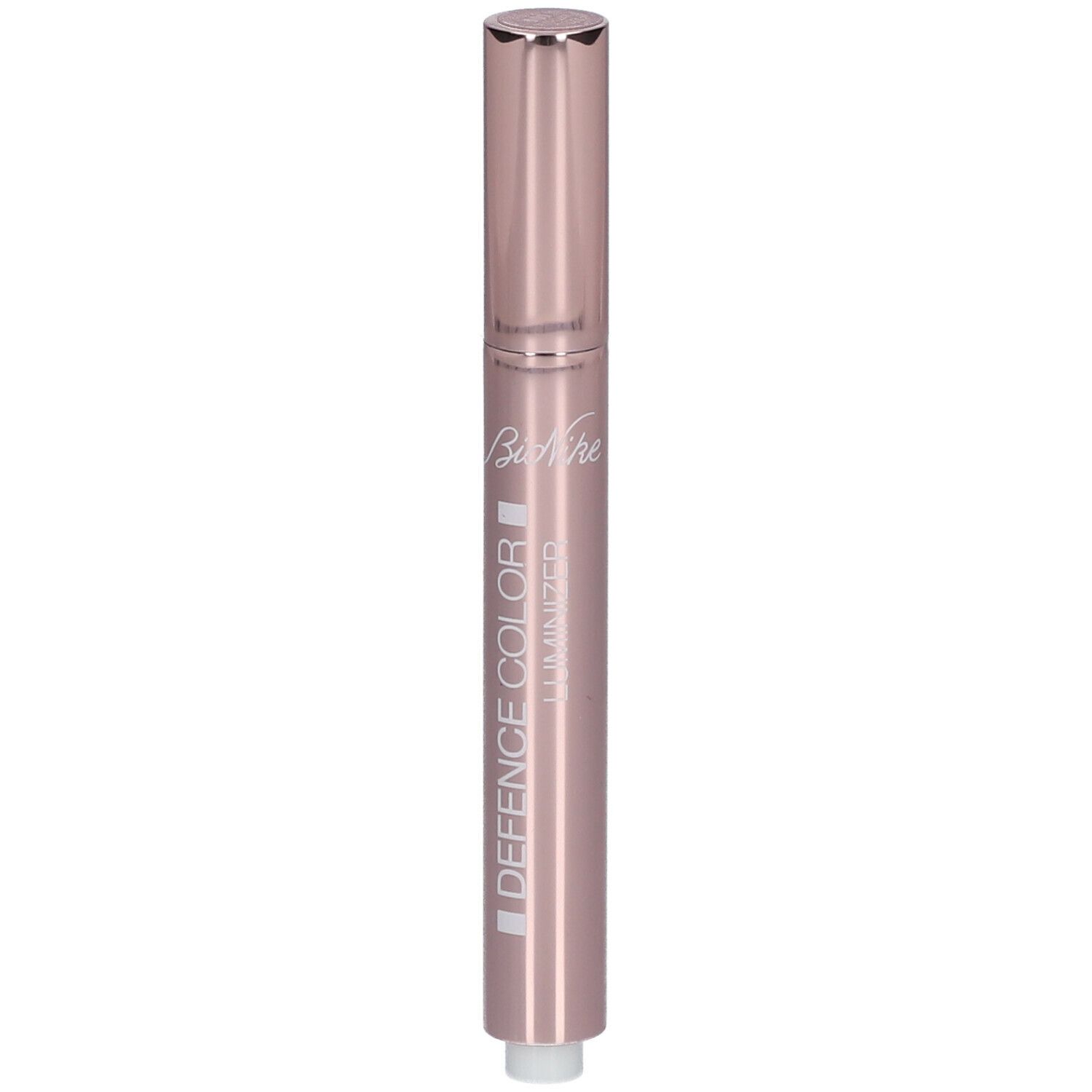 Stylo correcteur rose avec embout et capuchon argentés. Inscription : DEFENCE COLOR LUMINIZER.