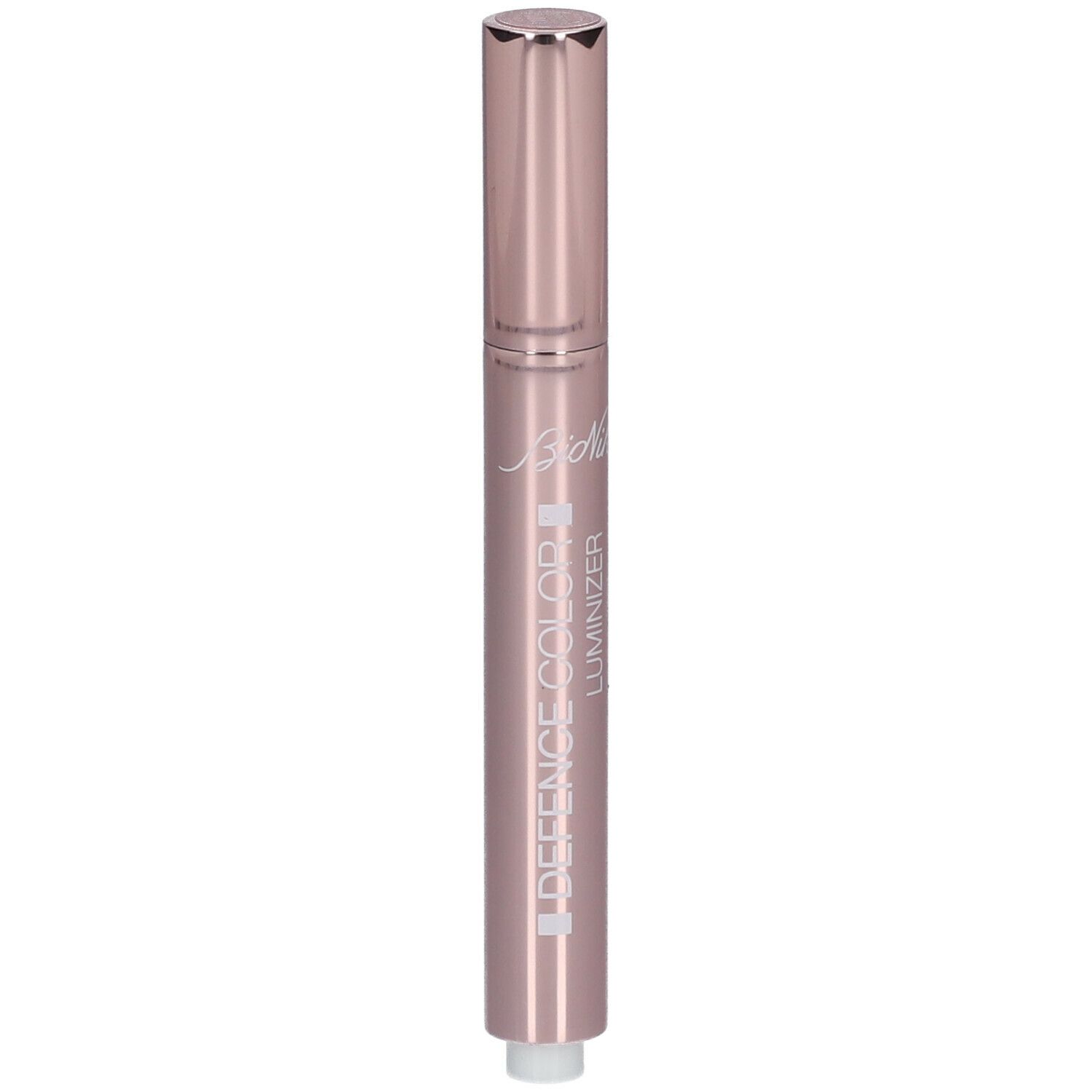 Stylo correcteur rose avec embout et capuchon argentés. Inscription : DEFENCE COLOR LUMINIZER.