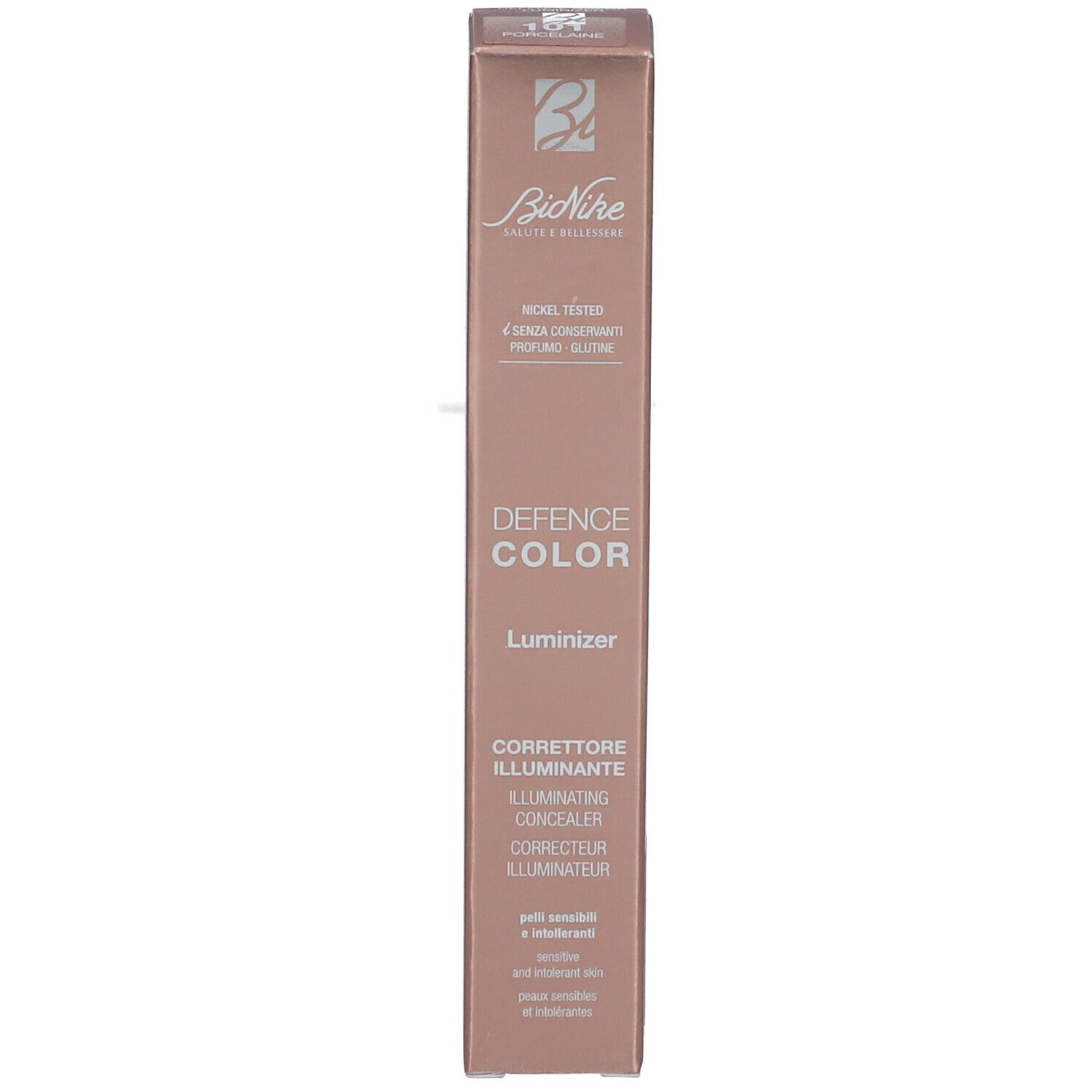 Emballage en carton. Inscription : DEFENCE COLOR, LUMINIZER. Texte : Correcteur illuminateur, Illuminating concealer.