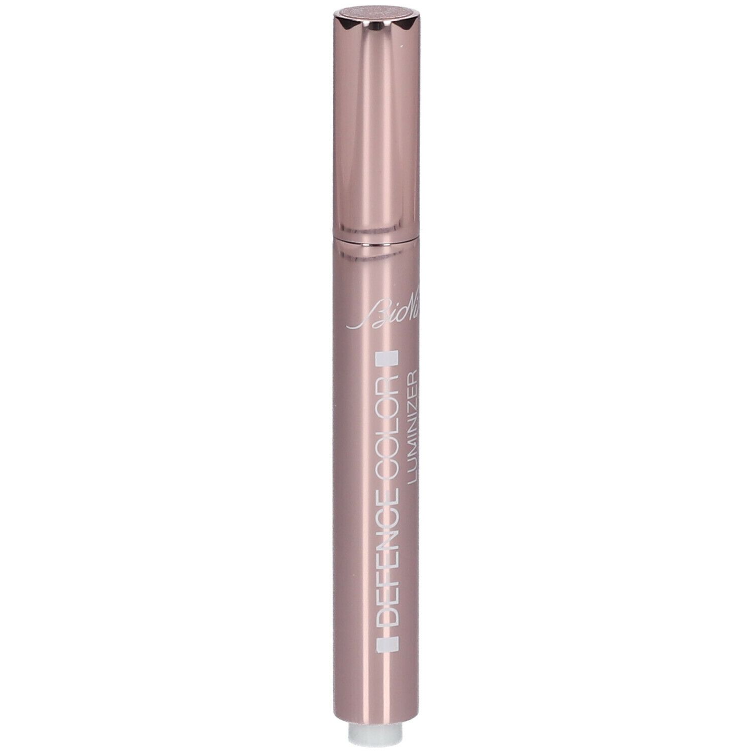 Rosafarbener Stift mit silberner Spitze und Kappe. Schriftzug: DEFENSE COLOR LUMINIZER.