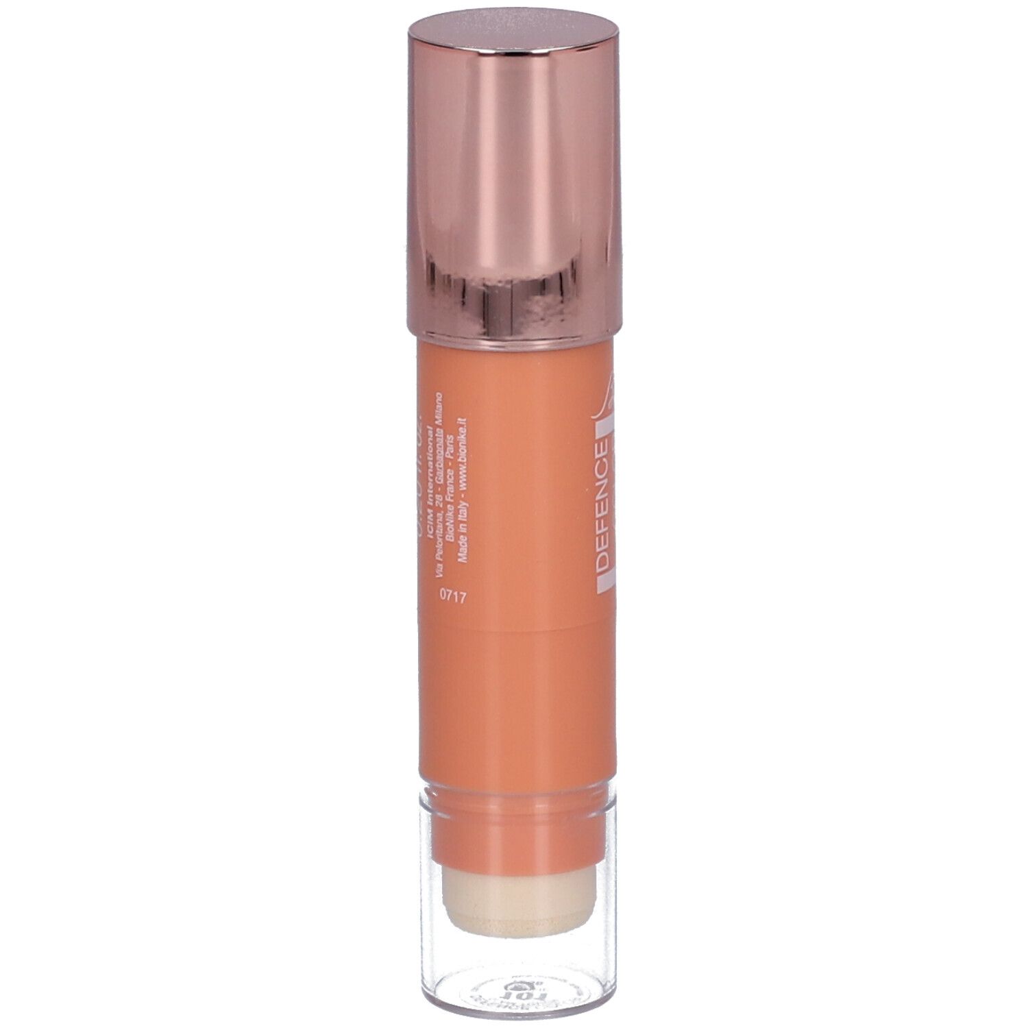 BioNike DEFENCE COLOR Glam Touch. Creme-Blush mit roségoldfarbenem Deckel. Rückseite mit Text und Informationen.