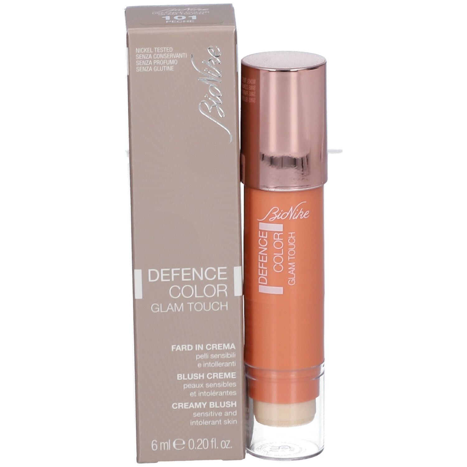 BioNike DEFENCE COLOR Glam Touch. Creme-Blush mit Verpackung. Produkt und Verpackung sind nebeneinander.
