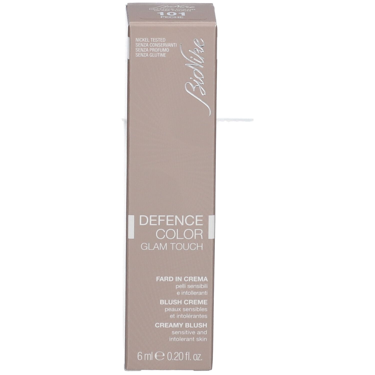 BioNike DEFENCE COLOR Glam Touch. Produktverpackung. Text: Creme-Blush, 6 ml, 0,20 fl. oz.