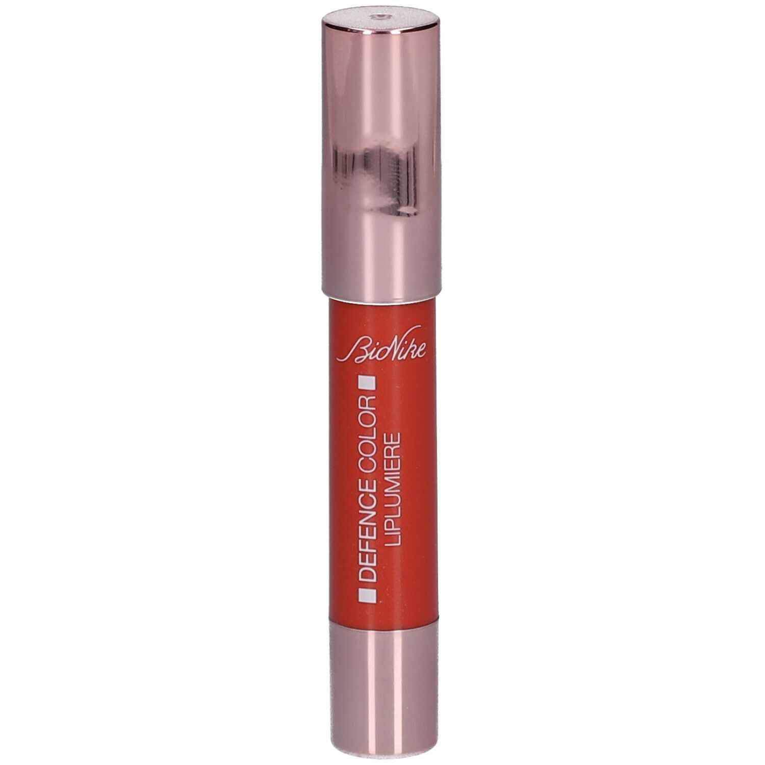 Lipstick met roségouden behuizing. Rode stick met opschrift DEFENCE COLOR LIPLUMIERE.