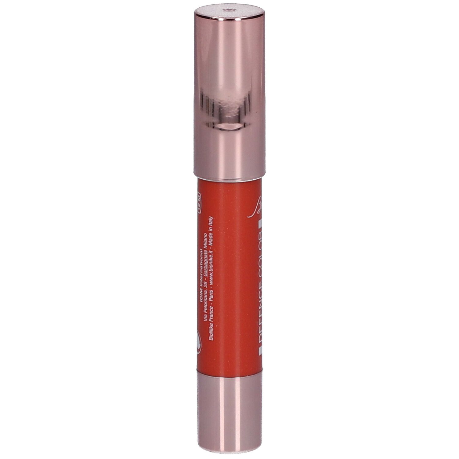 Rode lipstick met roségouden dop. Opschrift op de stick: BioNike, DEFENCE COLOR LIPLUMIERE.