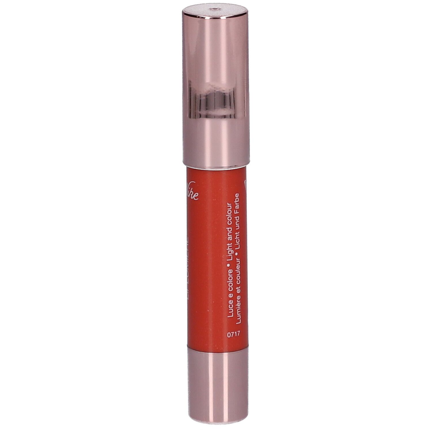 Rode lipstick met roségouden dop. Opschrift: BioNike, DEFENCE COLOR LIPLUMIERE, Licht en kleur.