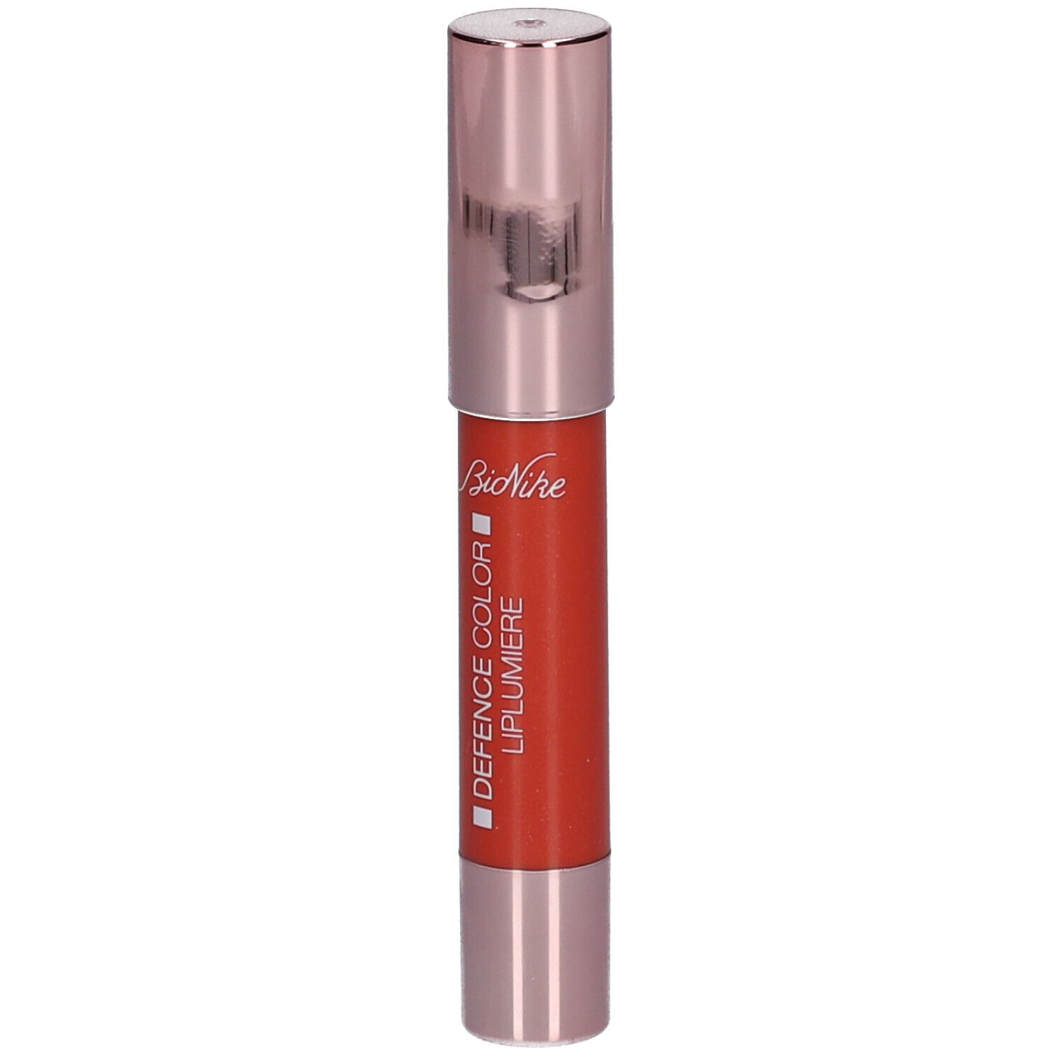 Rode lipstick met roségouden dop. Opschrift: BioNike, DEFENCE COLOR LIPLUMIERE.